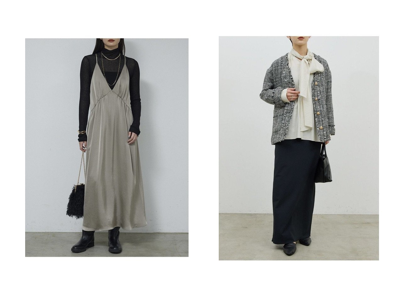 【GALLARDAGALANTE/ガリャルダガランテ】のディープVサテンキャミワンピース&【WEB限定】ツイードジャケット おすすめ！トレンド、レディースファッションの通販 おすすめ人気トレンドファッション通販アイテム インテリア・キッズ・メンズ・レディースファッション・服の通販 founy(ファニー) 　ファッション　Fashion　レディースファッション　Fashion for Women　ワンピース　Dresses　キャミソールワンピース　Camisole Dresses　チュニック　Tunic Tops & Dresses　アウター　Coat / Outerwear Collection　レディースジャケット・軽アウター　Jackets　おすすめ　Recommended / Our Picks　インナー　Innerwear　エレガント 上品　Elegant　サテン　Satin, Glossy Fabric　タートル　Turtleneck, Turtle Collar　チュニック　Tunic, Long Top　デコルテ　Décolleté, Neckline　ロング　Long, Long-Length　ワイド　Wide, Wide Fit　新作・新入荷　New Arrivals / New In　ブラック系　Black　|ID:crp329100000225564