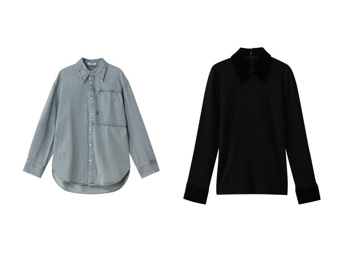 【CLANE/クラネ】のVELOR COLLAR KNIT TOPS&COMPACT DENIM SHIRTS おすすめ！トレンド、レディースファッションの通販 おすすめ人気トレンドファッション通販アイテム 人気、トレンドファッション・服の通販 founy(ファニー) ファッション Fashion レディースファッション Fashion for Women トップス・カットソー Cut & Sew Tops シャツ・ブラウス・オフィスカジュアル Elegant Blouses & Button-Ups ニット Knit Tops & Sweaters カジュアルプルオーバー・ニットトップス Pullovers & Knit Tops / Casual Pullovers インナー Innerwear コンパクト Compact, Small Size スウェット / スエット Sweatshirt, Sweatwear スリーブ Sleeve, Long Sleeve / Short Sleeve デニム Denim, Jeans Material ポケット Pocket, Pocket Detail ロング Long, Long-Length 新作・新入荷 New Arrivals / New In |ID:crp329100000225570