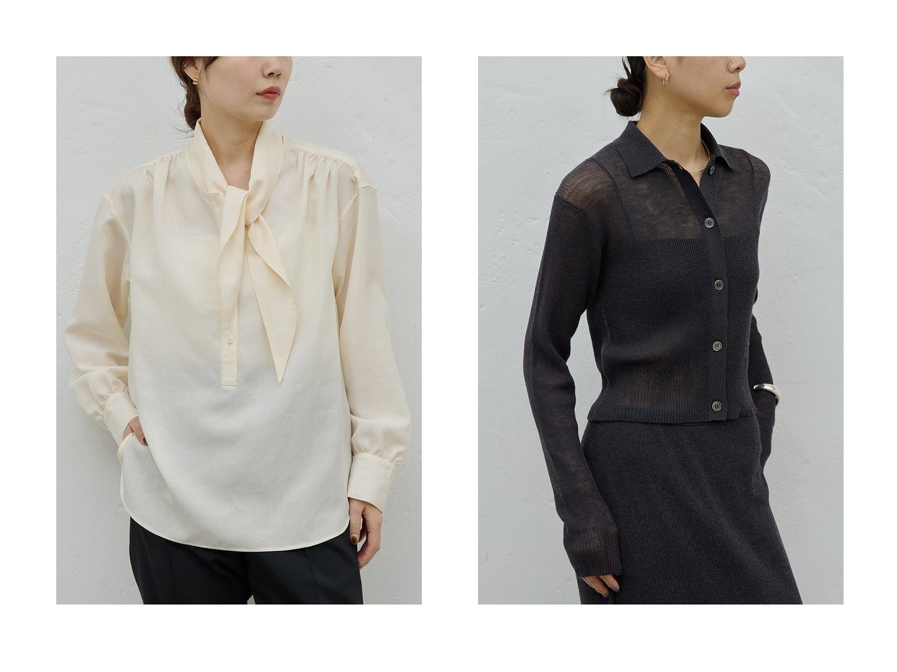【GALLARDAGALANTE/ガリャルダガランテ】の【HERITANOVUM】【セットアップ対応】シアーリブポロニット&【HERITANOVUM】スカーフカラーシャツ おすすめ！トレンド、レディースファッションの通販 おすすめ人気トレンドファッション通販アイテム インテリア・キッズ・メンズ・レディースファッション・服の通販 founy(ファニー) 　ファッション　Fashion　レディースファッション　Fashion for Women　トップス・カットソー　Cut & Sew Tops　シャツ・ブラウス・オフィスカジュアル　Elegant Blouses & Button-Ups　ニット　Knit Tops & Sweaters　カーディガン・羽織り　Layered Style Cardigans　とろみ　Fluid, Flowy Fabric　ギャザー　Gathered, Ruffled　スカーフ　Scarf, Neckwear　スリーブ　Sleeve, Long Sleeve / Short Sleeve　ベーシック　Basic, Essential　ロング　Long, Long-Length　新作・新入荷　New Arrivals / New In　ホワイト系　White　グレー系　Gray　イエロー系　Yellow　|ID:crp329100000225579