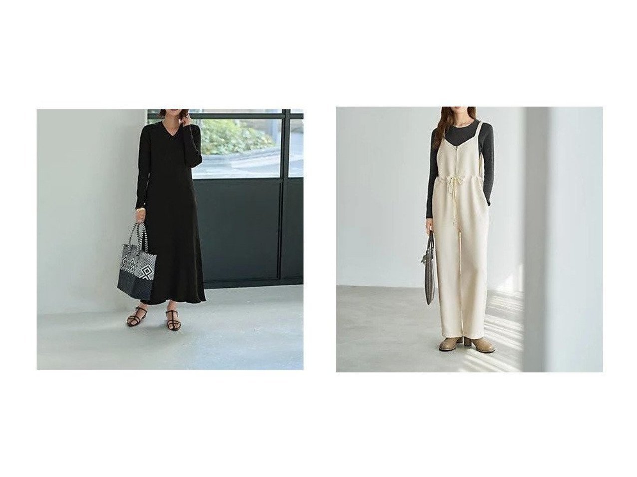 【STYLE DELI/スタイルデリ】のフロントVライン厚地ツイルサロペット&リブ編みVネックロングワンピース おすすめ！トレンド、レディースファッションの通販 おすすめ人気トレンドファッション通販アイテム インテリア・キッズ・メンズ・レディースファッション・服の通販 founy(ファニー) 　ファッション　Fashion　レディースファッション　Fashion for Women　ワンピース　Dresses　サロペット&オールインワン　Dungarees & Jumpsuit Styles　春　Spring　サロペット　Overalls, Salopette　シルバー　Silver, Metallic Silver　シンプル　Simple, Minimal　ストレート　Straight, Straight Cut　スリット　Slit, Slit Detail　定番　Standard, Basic Item　パターン　Pattern, Design Print　パーカー　Hoodie, Parka　フロント　Front, Front Design　ポケット　Pocket, Pocket Detail　ループ　Loop, Loop Knit　ワイド　Wide, Wide Fit　冬　Winter / This Winter　A/W・秋冬　Autumn/Winter　秋　Autumn　キャップ　Cap, Baseball Cap　クール　Cool, Chic　ジャケット　Jacket, Outerwear　スニーカー　Sneakers, Trainers　スリム　Slim, Slim Fit　フィット　Fit, Slim Fit　ベスト　Vest, Waistcoat　夏　Summer　エレガント 上品　Elegant　ブラック系　Black　|ID:crp329100000225606
