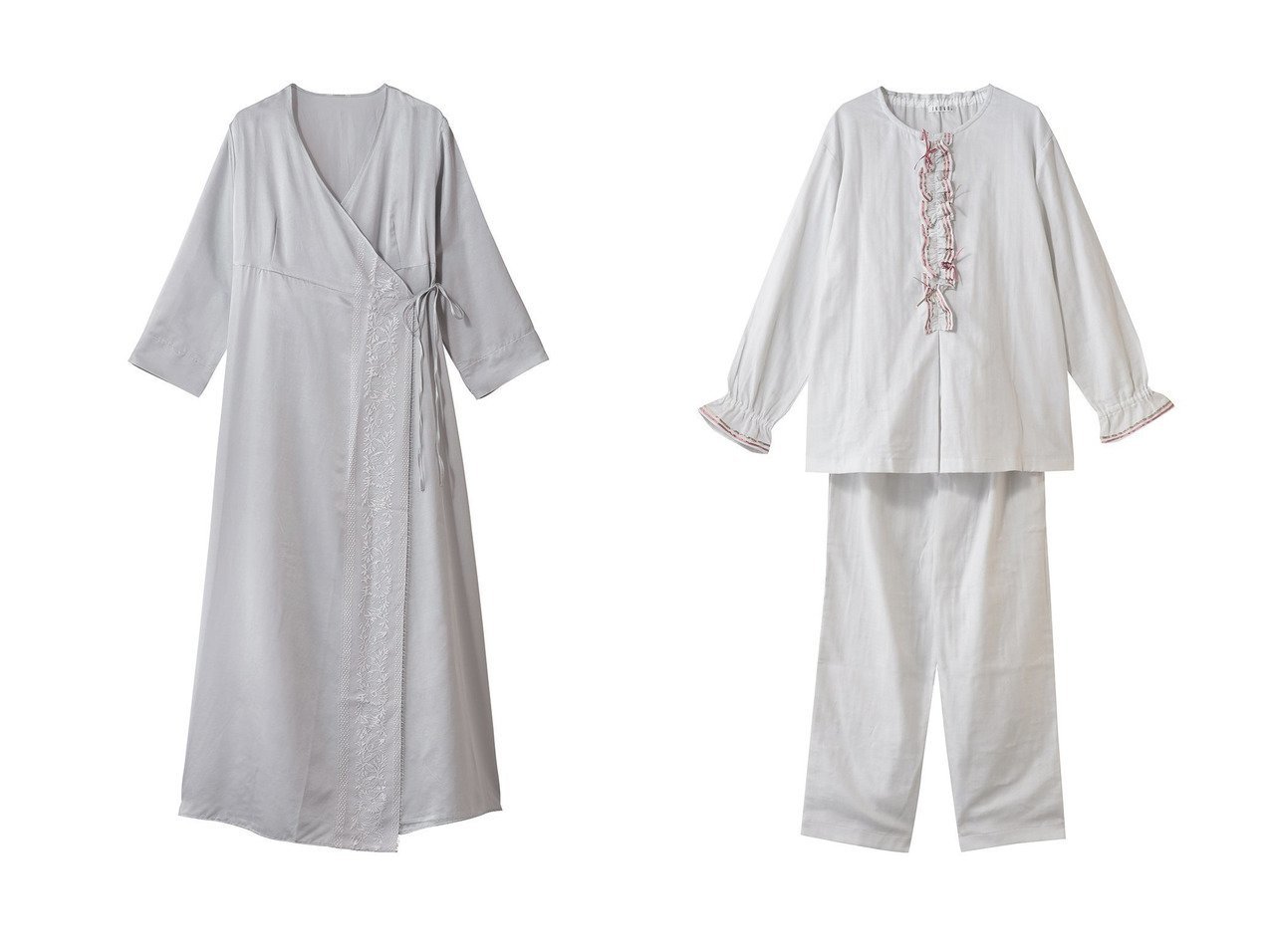 【IKUKO/イクコ】のダブルガーゼ フロントフリル&リボンパジャマ&【LANGELIQUE/ランジェリーク】のスプリングガウン おすすめ！トレンド、レディースファッションの通販 おすすめ人気トレンドファッション通販アイテム インテリア・キッズ・メンズ・レディースファッション・服の通販 founy(ファニー) 　ストレート　Straight, Straight Cut　ダブル　Double, Double-Breasted　パジャマ　Pajamas, Sleepwear　フェミニン　Feminine, Girly　フリル　Frill, Ruffle　フロント　Front, Front Design　リボン　Ribbon, Bow　リラックス　Relax, Relaxed Fit　新作・新入荷　New Arrivals / New In　グレー系　Gray　ブルー系　Blue　|ID:crp329100000225621