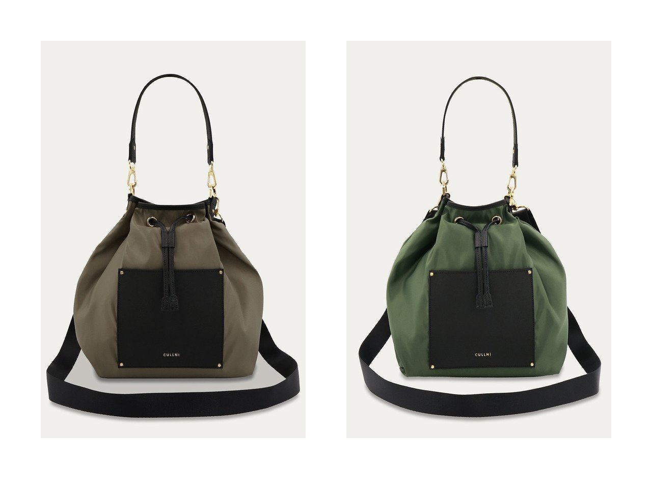 【CULLNI/クルニ】のLeather Pocket ハイカウント タフタ バケットバッグ おすすめ！トレンド、レディースファッションの通販 おすすめ人気トレンドファッション通販アイテム インテリア・キッズ・メンズ・レディースファッション・服の通販 founy(ファニー) 　ファッション　Fashion　レディースファッション　Fashion for Women　バッグ　Bags　ユニセックス　Unisex, Genderless　タフタ　Taffeta, Structured Fabric　ドローストリング　Drawstring, Pull Cord　ポケット　Pocket, Pocket Detail　エレガント 上品　Elegant　新作・新入荷　New Arrivals / New In　グリーン系　Green　ブルー系　Blue　ブラック系　Black　|ID:crp329100000225638