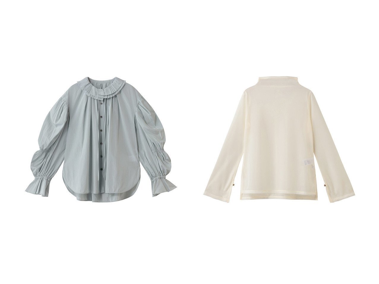 【LANVIN en Bleu/ランバン オン ブルー】のシアートリコットフレアスリーブカットソー&トリアセローンフリルカラーブラウス おすすめ！トレンド、レディースファッションの通販 おすすめ人気トレンドファッション通販アイテム インテリア・キッズ・メンズ・レディースファッション・服の通販 founy(ファニー) 　ファッション　Fashion　レディースファッション　Fashion for Women　トップス・カットソー　Cut & Sew Tops　シャツ・ブラウス・オフィスカジュアル　Elegant Blouses & Button-Ups　ロングTシャツ・Tシャツ　Longline T-Shirts & Tees　カットソー・ベーシックTシャツ　Cut-and-Sewn Tops / Stretch Tees & Basics　2026年　2026　ギャザー　Gathered, Ruffled　スラックス　Slacks, Dress Pants　スリーブ　Sleeve, Long Sleeve / Short Sleeve　デニム　Denim, Jeans Material　フェミニン　Feminine, Girly　フリル　Frill, Ruffle　ロング　Long, Long-Length　夏　Summer　春　Spring　S/S・春夏　SS, Spring/Summer, Warm Season　グリーン系　Green　ブラック系　Black　|ID:crp329100000225687