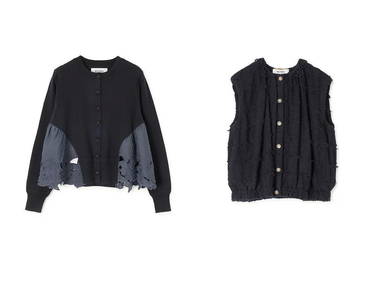【MUVEIL/ミュベール】のレースカバーカーディガン&フラワーモチーフツイードベストJK おすすめ！トレンド、レディースファッションの通販 おすすめ人気トレンドファッション通販アイテム インテリア・キッズ・メンズ・レディースファッション・服の通販 founy(ファニー) 　ファッション　Fashion　レディースファッション　Fashion for Women　トップス・カットソー　Cut & Sew Tops　カーディガン・羽織り　Layered Style Cardigans　アウター　Coat / Outerwear Collection　ベスト&ジレ / 重ね着スタイル　Vests & Gilets　花柄・フラワープリント・モチーフ　Floral Prints & Motifs / Flower Pattern Tops　2025年　2025　2025-2026秋冬・A/W　Autumn/Winter 2025–26 AW25–26　カーディガン　Cardigan, Knitwear　クラシック　Classic, Timeless Style　シンプル　Simple, Minimal　レース　Lace, Lace Fabric　ワーク　Workwear, Utility Style　ギャザー　Gathered, Ruffled　ツイード　Twill, Twill Weave　フォルム　Silhouette, Form　フラワー　Flower, Floral　ベスト　Vest, Waistcoat　モチーフ　Motif, Design Theme　ブルー系　Blue　ブラック系　Black　|ID:crp329100000225740