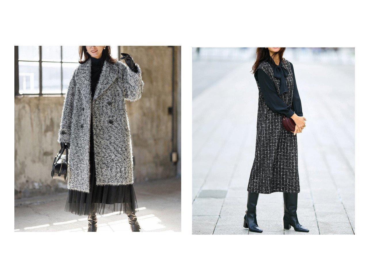 【DoCLASSE/ドゥクラッセ】のミックスツイード・ロングチェスターコート&ラメチェック・ジャンパースカート 40代50代からの婦人服　おすすめ！トレンド、レディースファッションの通販 おすすめ人気トレンドファッション通販アイテム インテリア・キッズ・メンズ・レディースファッション・服の通販 founy(ファニー) 　ファッション　Fashion　レディースファッション　Fashion for Women　アウター　Coat / Outerwear Collection　コート・ロングコート・ピーコート　Long Coats, Peacoats & More　チェスターコート・ロング丈アウター　Chester Coats / Chesterfield Long Coats　スカート　Skirts　新作・新入荷　New Arrivals / New In　ツイード　Twill, Twill Weave　ドレス　Dress, One-Piece　ミックス　Mix, Mixed Style　ワイド　Wide, Wide Fit　エレガント 上品　Elegant　ジャカード／ジャガード　Jacquard, Woven Pattern　チェック　Check, Plaid, Tartan　ポケット　Pocket, Pocket Detail　モノトーン　Monotone, Black and White　ブラック系　Black　ホワイト系　White　|ID:crp329100000225744