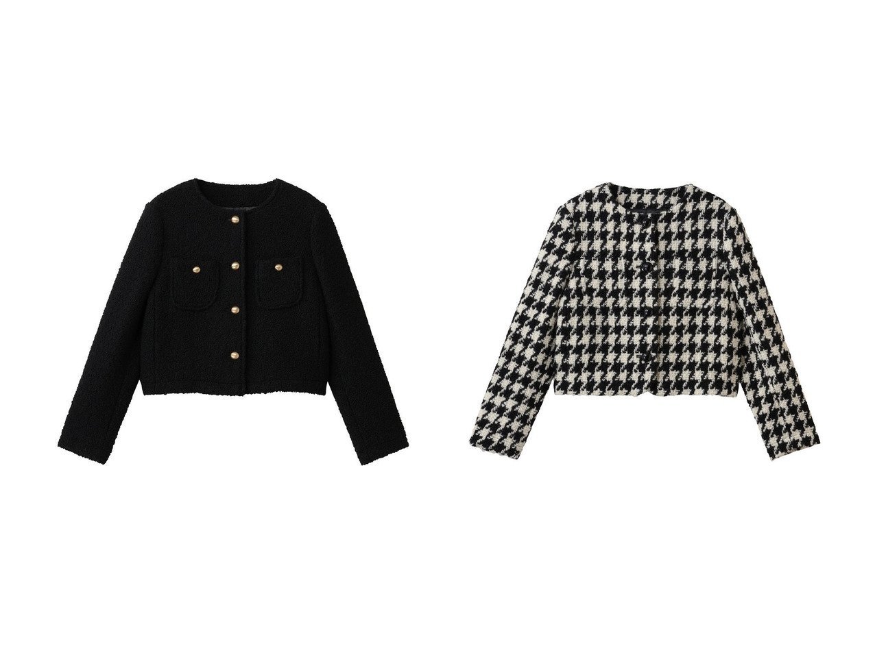 【千鳥柄とリングツイードが品よく映えるノーカラージャケット】j.(ジェイドット)通販 おすすめ人気トレンドファッション通販アイテム インテリア・キッズ・メンズ・レディースファッション・服の通販 founy(ファニー) 　ファッション　Fashion　レディースファッション　Fashion for Women　アウター　Coat / Outerwear Collection　レディースジャケット・軽アウター　Jackets　ノーカラージャケット / シンプル上品コーデ　Collarless Jackets　オケージョン　Occasion Wear　ショート　Short, Short Length　ジャケット　Jacket, Outerwear　センター　Center, Center Line　ツイード　Twill, Twill Weave　リュクス　Luxury, Elegant, High-End, Chic　レース　Lace, Lace Fabric　新作・新入荷　New Arrivals / New In　ブラック系　Black　|ID:crp329100000225927