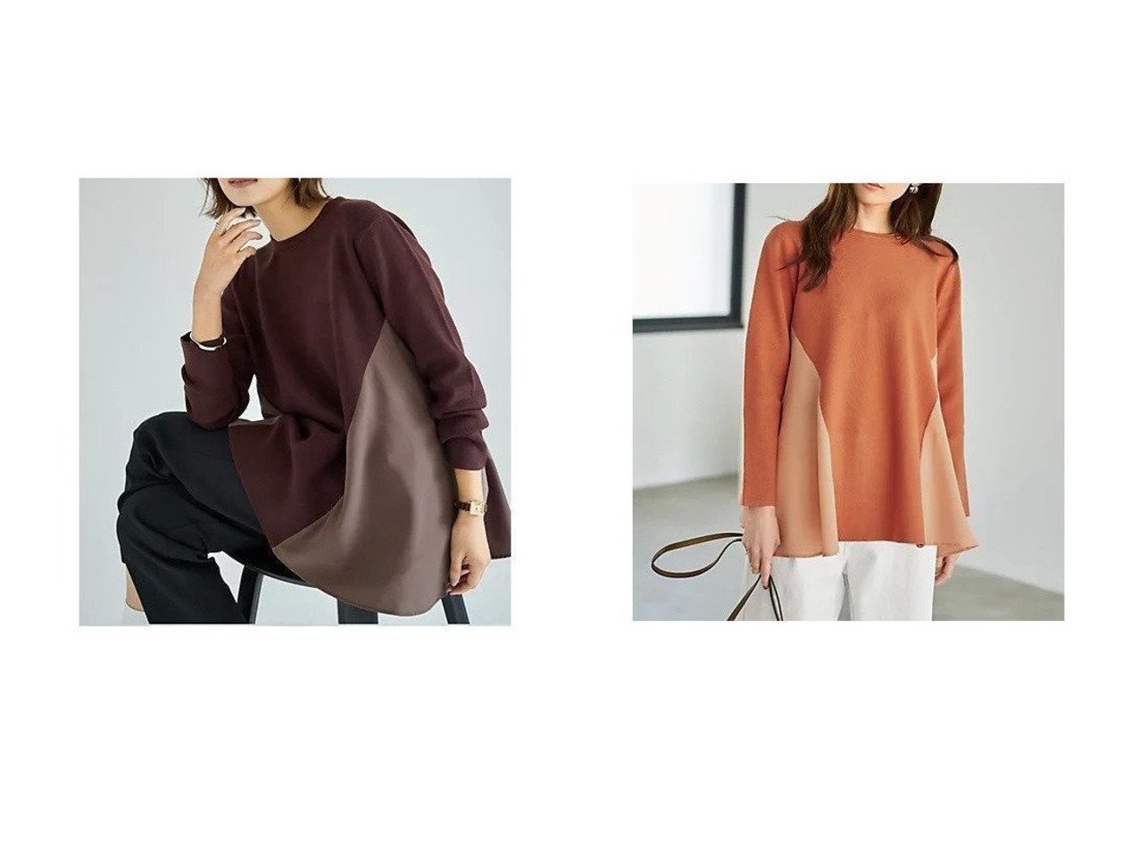 【異素材ジョーゼットが華やかに揺れるフレアニットトップスの構築的シルエット】STYLE DELI(スタイルデリ)通販 おすすめ人気トレンドファッション通販アイテム インテリア・キッズ・メンズ・レディースファッション・服の通販 founy(ファニー) 　ファッション　Fashion　レディースファッション　Fashion for Women　トップス・カットソー　Cut & Sew Tops　ニット　Knit Tops & Sweaters　オレンジ　Orange　ジャケット　Jacket, Outerwear　ジョーゼット　Georgette, Semi-Sheer Fabric　ダメージ　Distressed, Destroyed　チュニック　Tunic, Long Top　定番　Standard, Basic Item　なめらか　Smooth, Silky Texture　人気　Popular, Best Seller　フィット　Fit, Slim Fit　ペンシル　Pencil, Pencil Skirt　ミドル　Middle Length, Mid Height　おすすめ　Recommended / Our Picks　ブラウン系　Brown　ピンク系　Pink　|ID:crp329100000225964