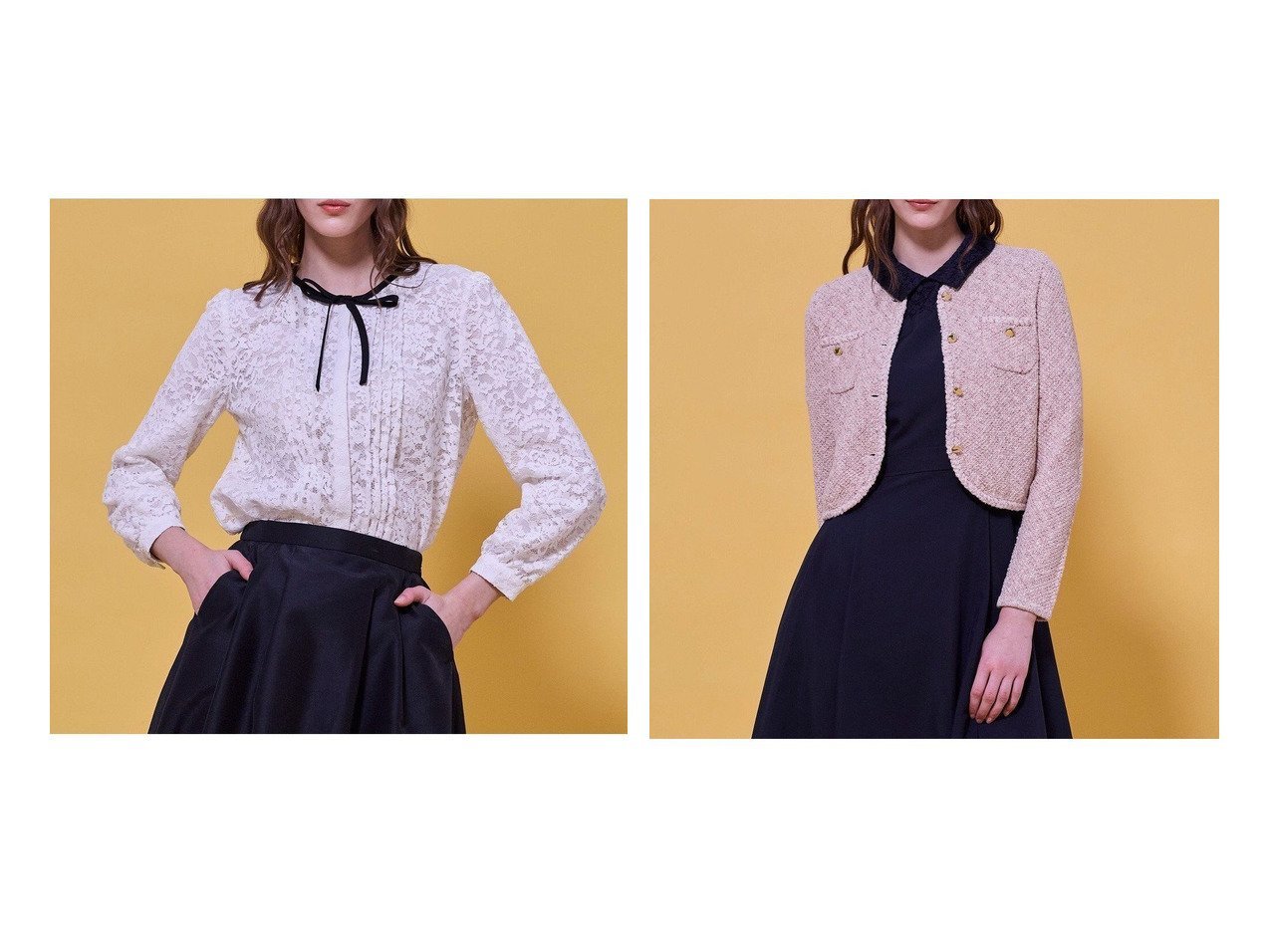 【繊細なレースブラウスと上品なツイード風ニットジャケットが映えるHOLIDAYコレクション】TOCCA(トッカ)通販 おすすめ人気トレンドファッション通販アイテム インテリア・キッズ・メンズ・レディースファッション・服の通販 founy(ファニー) 　ファッション　Fashion　レディースファッション　Fashion for Women　トップス・カットソー　Cut & Sew Tops　シャツ・ブラウス・オフィスカジュアル　Elegant Blouses & Button-Ups　インナー　Innerwear　カーディガン　Cardigan, Knitwear　ガーデン　Garden, Gardening　クラシカル　Classical, Vintage-Inspired　ジャケット　Jacket, Outerwear　長袖　Long Sleeve, Full Sleeve　フェミニン　Feminine, Girly　フロント　Front, Front Design　リボン　Ribbon, Bow　レース　Lace, Lace Fabric　A/W・秋冬　Autumn/Winter　S/S・春夏　SS, Spring/Summer, Warm Season　夏　Summer　エレガント 上品　Elegant　ホワイト系　White　ブラック系　Black　イエロー系　Yellow　レッド系　Red　|ID:crp329100000225966