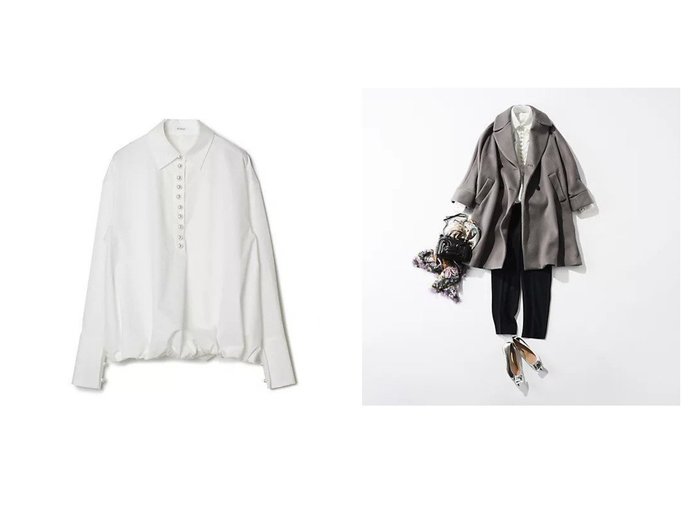 【パールボタンと白襟が上品なバルーン風の裾デザインシャツ】eclat(エクラ)の通販 おすすめ人気トレンドファッション通販アイテム 人気、トレンドファッション・服の通販 founy(ファニー) ファッション Fashion レディースファッション Fashion for Women トップス・カットソー Cut & Sew Tops シャツ・ブラウス・オフィスカジュアル Elegant Blouses & Button-Ups エレガント 上品 Elegant カフス Cuff Design ギャザー Gathered, Ruffled バルーン Balloon, Balloon Silhouette パール Pearl, Pearl Accent 別注 Limited Edition, Custom Order 洗える Machine Washable |ID:crp329100000226007