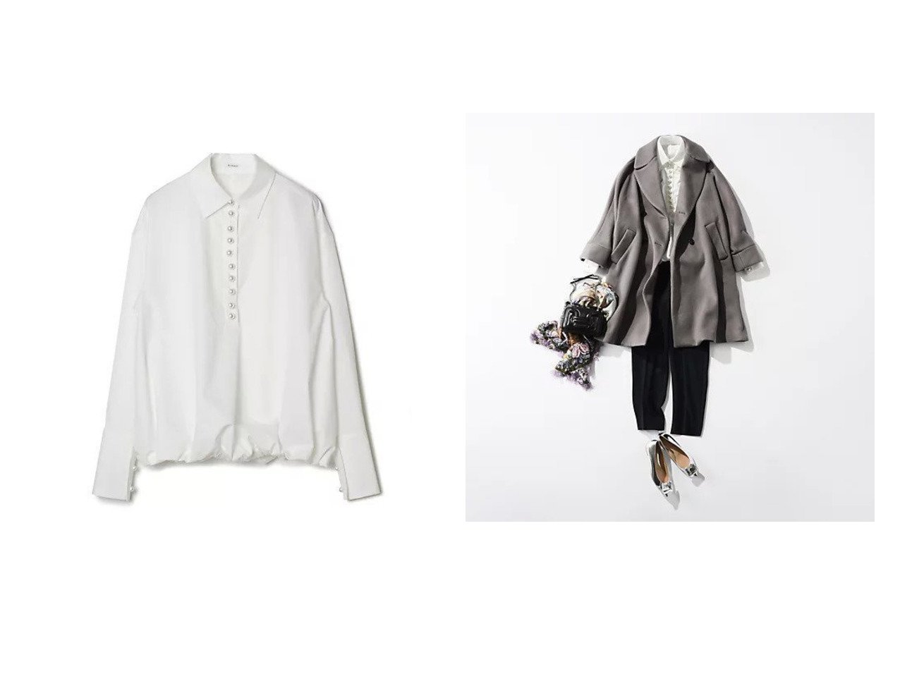 【パールボタンと白襟が上品なバルーン風の裾デザインシャツ】eclat(エクラ)の通販 おすすめ人気トレンドファッション通販アイテム インテリア・キッズ・メンズ・レディースファッション・服の通販 founy(ファニー) 　ファッション　Fashion　レディースファッション　Fashion for Women　トップス・カットソー　Cut & Sew Tops　シャツ・ブラウス・オフィスカジュアル　Elegant Blouses & Button-Ups　エレガント 上品　Elegant　カフス　Cuff Design　ギャザー　Gathered, Ruffled　バルーン　Balloon, Balloon Silhouette　パール　Pearl, Pearl Accent　別注　Limited Edition, Custom Order　洗える　Machine Washable　ホワイト系　White　|ID:crp329100000226007