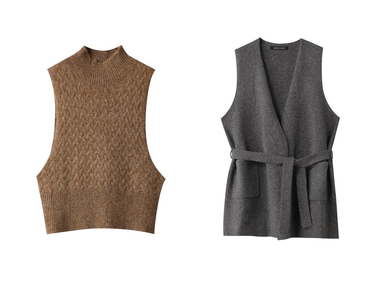 【柔らかなジレとケーブル編みが映えるベストで幅広く楽しむレイヤードスタイル】mizuiro ind(ミズイロ インド)の通販 おすすめ人気トレンドファッション通販アイテム インテリア・キッズ・メンズ・レディースファッション・服の通販 founy(ファニー) 　ファッション　Fashion　レディースファッション　Fashion for Women　トップス・カットソー　Cut & Sew Tops　ニット　Knit Tops & Sweaters　ベスト&ジレ / 重ね着スタイル　Vests & Gilets　カジュアルプルオーバー・ニットトップス　Pullovers & Knit Tops / Casual Pullovers　アウター　Coat / Outerwear Collection　レディースジャケット・軽アウター　Jackets　インナー　Innerwear　カットソー　Cut and Sewn Top　スリーブ　Sleeve, Long Sleeve / Short Sleeve　フェミニン　Feminine, Girly　ベスト　Vest, Waistcoat　ベーシック　Basic, Essential　ボトルネック　Bottle Neck, Mock Neck　マニッシュ　Mannish, Boyish　再入荷　Restock / Back in Stock　ベージュ系　Beige　グレー系　Gray　ブラック系　Black　|ID:crp329100000226041