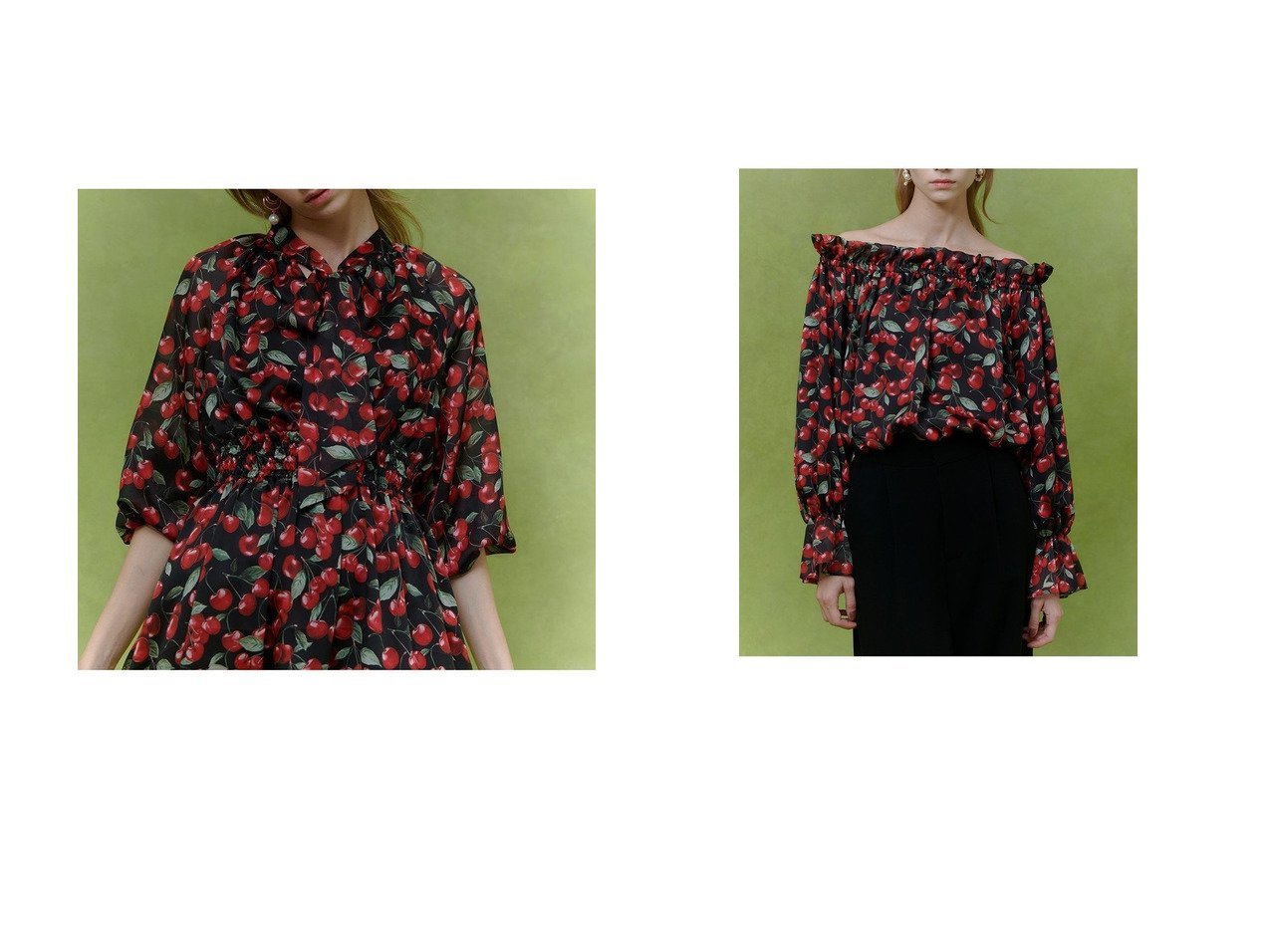 【チェリープリントが映える華やぎブラウス＆ワンピース】アルアバイル(allureville)の通販 おすすめ人気トレンドファッション通販アイテム インテリア・キッズ・メンズ・レディースファッション・服の通販 founy(ファニー) 　ファッション　Fashion　レディースファッション　Fashion for Women　ワンピース　Dresses　チュニック　Tunic Tops & Dresses　トップス・カットソー　Cut & Sew Tops　シャツ・ブラウス・オフィスカジュアル　Elegant Blouses & Button-Ups　2026年　2026　なめらか　Smooth, Silky Texture　サテン　Satin, Glossy Fabric　シャーリング　Shirring, Ruched　ジョーゼット　Georgette, Semi-Sheer Fabric　チェリー　Cherry, Cherry Pattern　チュニック　Tunic, Long Top　ブラウジング　Blouson Silhouette, Cinched Waist　プリント　Print, Printed Pattern　ベーシック　Basic, Essential　リボン　Ribbon, Bow　ロング　Long, Long-Length　夏　Summer　春　Spring　S/S・春夏　SS, Spring/Summer, Warm Season　ブラック系　Black　|ID:crp329100000226088