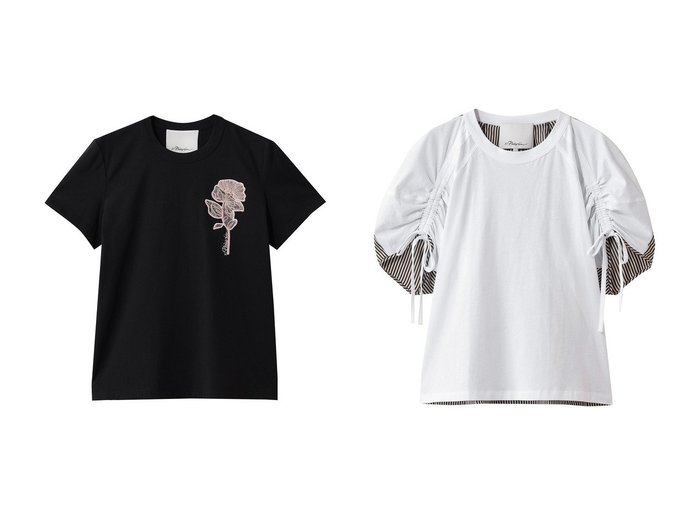 【立体感と華やぎを添える上品フラワー&異素材デザインTシャツ】スリーワン フィリップリム(3.1 Phillip Lim)の通販 おすすめ人気トレンドファッション通販アイテム 人気、トレンドファッション・服の通販 founy(ファニー) ファッション Fashion レディースファッション Fashion for Women トップス・カットソー Cut & Sew Tops シャツ・ブラウス・オフィスカジュアル Elegant Blouses & Button-Ups ロングTシャツ・Tシャツ Longline T-Shirts & Tees カットソー・ベーシックTシャツ Cut-and-Sewn Tops / Stretch Tees & Basics 2026年 2026 ギャザー Gathered, Ruffled ショート Short, Short Length ストライプ Stripe, Striped Pattern スリーブ Sleeve, Long Sleeve / Short Sleeve フロント Front, Front Design モダン Modern, Contemporary リラックス Relax, Relaxed Fit 夏 Summer 春 Spring S/S・春夏 SS, Spring/Summer, Warm Season |ID:crp329100000226097