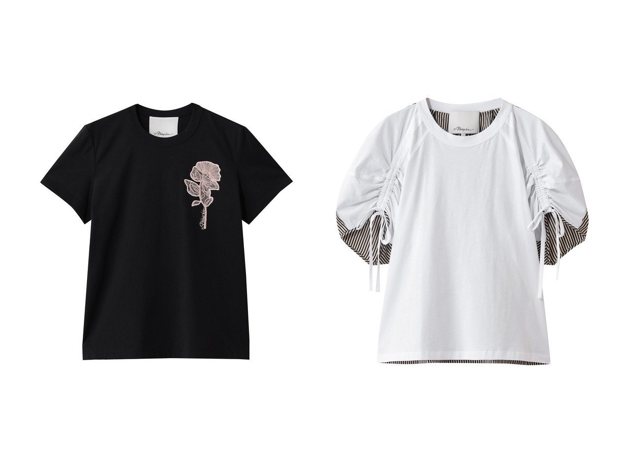 【立体感と華やぎを添える上品フラワー＆異素材デザインTシャツ】スリーワン フィリップリム(3.1 Phillip Lim)の通販 おすすめ人気トレンドファッション通販アイテム インテリア・キッズ・メンズ・レディースファッション・服の通販 founy(ファニー) 　ファッション　Fashion　レディースファッション　Fashion for Women　トップス・カットソー　Cut & Sew Tops　シャツ・ブラウス・オフィスカジュアル　Elegant Blouses & Button-Ups　ロングTシャツ・Tシャツ　Longline T-Shirts & Tees　カットソー・ベーシックTシャツ　Cut-and-Sewn Tops / Stretch Tees & Basics　2026年　2026　ギャザー　Gathered, Ruffled　ショート　Short, Short Length　ストライプ　Stripe, Striped Pattern　スリーブ　Sleeve, Long Sleeve / Short Sleeve　フロント　Front, Front Design　モダン　Modern, Contemporary　リラックス　Relax, Relaxed Fit　夏　Summer　春　Spring　S/S・春夏　SS, Spring/Summer, Warm Season　ブラック系　Black　ホワイト系　White　|ID:crp329100000226097