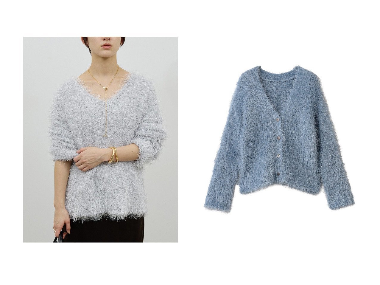 【上品な抜け感をまとうフェザーヤーンプルオーバーとラメシャギーニットカーディガン】GALLARDAGALANTE(ガリャルダガランテ)の通販 おすすめ人気トレンドファッション通販アイテム インテリア・キッズ・メンズ・レディースファッション・服の通販 founy(ファニー) 　ファッション　Fashion　レディースファッション　Fashion for Women　トップス・カットソー　Cut & Sew Tops　ニット　Knit Tops & Sweaters　カジュアルプルオーバー・ニットトップス　Pullovers & Knit Tops / Casual Pullovers　カーディガン・羽織り　Layered Style Cardigans　フェザー　Feather, Feather Detail　エレガント 上品　Elegant　冬　Winter / This Winter　新作・新入荷　New Arrivals / New In　カーディガン　Cardigan, Knitwear　羽織　Haori, Light Jacket　グレー系　Gray　ベージュ系　Beige　イエロー系　Yellow　ブルー系　Blue　|ID:crp329100000226138