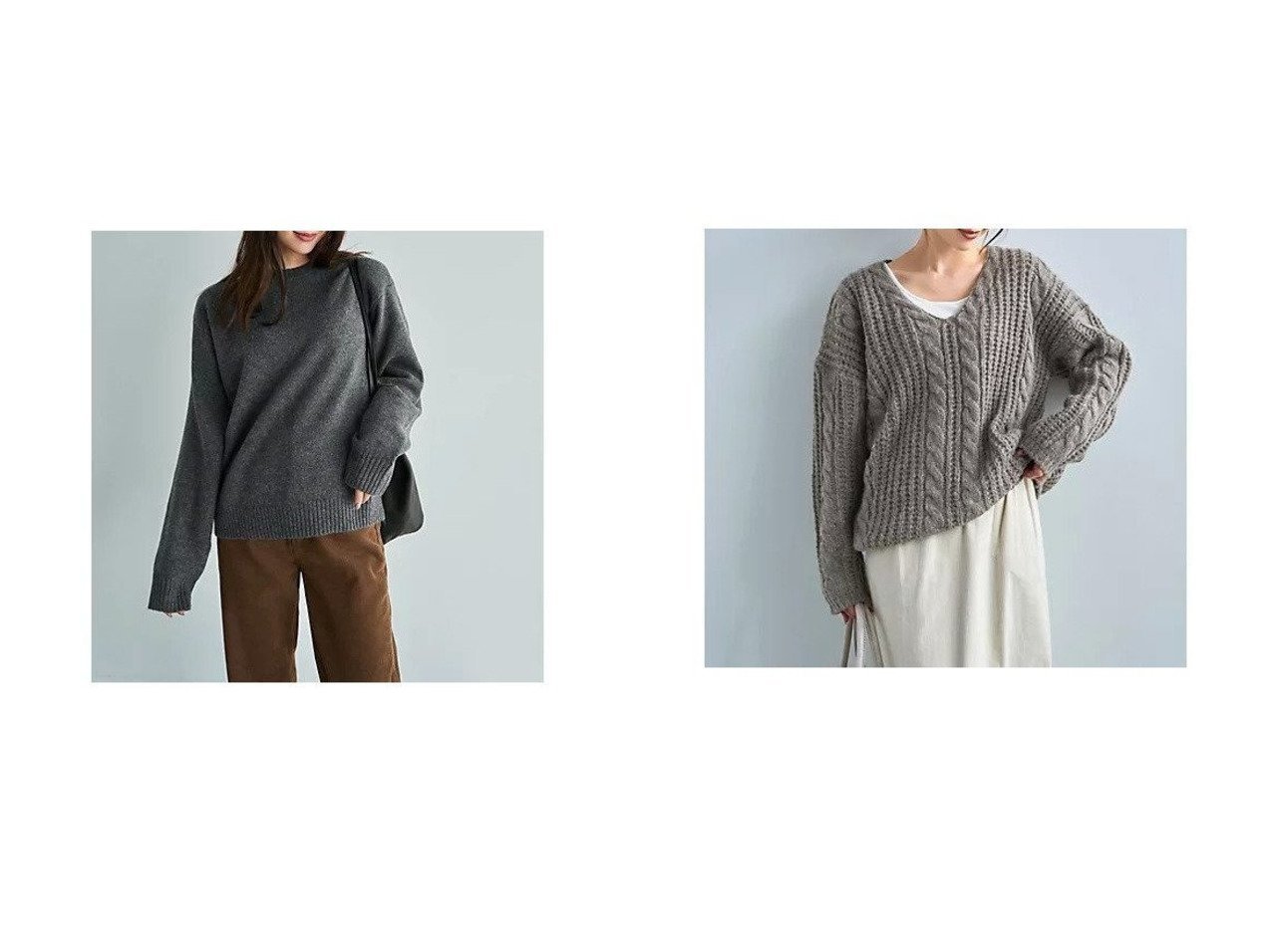 【上質さが際立つウール混クルーネックニットと抜け感のざっくりケーブルVネック】STYLE DELI(スタイルデリ)の通販 おすすめ人気トレンドファッション通販アイテム インテリア・キッズ・メンズ・レディースファッション・服の通販 founy(ファニー) 　ファッション　Fashion　レディースファッション　Fashion for Women　トップス・カットソー　Cut & Sew Tops　ニット　Knit Tops & Sweaters　カジュアルプルオーバー・ニットトップス　Pullovers & Knit Tops / Casual Pullovers　Vネックトップス　V-Neck Tops / V-Cut Neckline Shirts　シンプル　Simple, Minimal　ストレート　Straight, Straight Cut　スリット　Slit, Slit Detail　長袖　Long Sleeve, Full Sleeve　フォルム　Silhouette, Form　軽量　Lightweight, Ultra Light　ジャケット　Jacket, Outerwear　ストライプ　Stripe, Striped Pattern　タートル　Turtleneck, Turtle Collar　デコルテ　Décolleté, Neckline　デニム　Denim, Jeans Material　冬　Winter / This Winter　グレー系　Gray　グリーン系　Green　イエロー系　Yellow　ブルー系　Blue　|ID:crp329100000226154