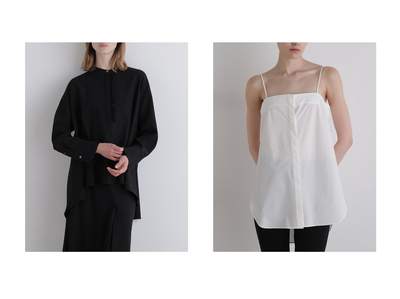 レイヤードを洗練させるSOLOTEXインナーキャミブラウスと構築的なラッフルが映える2WAYツイルドレープブラウスのLE PHIL(ル フィル)の通販 おすすめ人気トレンドファッション通販アイテム インテリア・キッズ・メンズ・レディースファッション・服の通販 founy(ファニー) 　ファッション　Fashion　レディースファッション　Fashion for Women　トップス・カットソー　Cut & Sew Tops　シャツ・ブラウス・オフィスカジュアル　Elegant Blouses & Button-Ups　キャミソール&ノースリーブ　Camisoles & Sleeveless Tops　おすすめ　Recommended / Our Picks　シンプル　Simple, Minimal　ストレッチ　Stretch, Stretchy Fabric　スリーブ　Sleeve, Long Sleeve / Short Sleeve　セットアップ　Set-Up, Coordinated Outfit　ダブル　Double, Double-Breasted　バランス　Balance, Style Balance　フォルム　Silhouette, Form　ボトム　Bottoms, Lower Wear　ラッフル　Ruffle, Frill　ロング　Long, Long-Length　定番　Standard, Basic Item　新作・新入荷　New Arrivals / New In　ブラック系　Black　ブルー系　Blue　ホワイト系　White　|ID:crp329100000226165