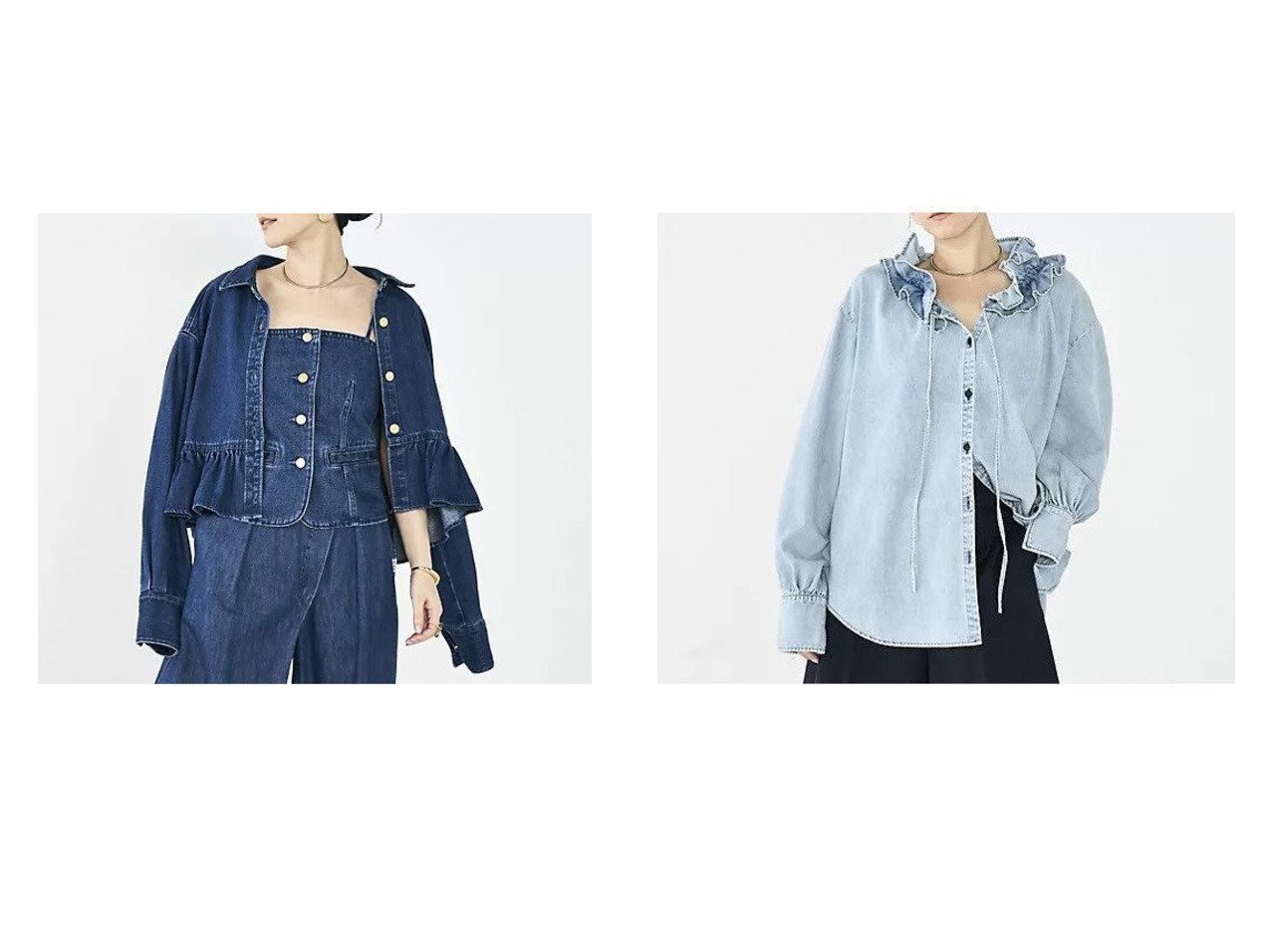 【フリルデザインで大人カジュアルに寄り添うRM denimのデニムブラウスとショート丈Gジャン】Rie Miller(リエミラー)の通販 おすすめ人気トレンドファッション通販アイテム インテリア・キッズ・メンズ・レディースファッション・服の通販 founy(ファニー) 　ファッション　Fashion　レディースファッション　Fashion for Women　アウター　Coat / Outerwear Collection　トップス・カットソー　Cut & Sew Tops　シャツ・ブラウス・オフィスカジュアル　Elegant Blouses & Button-Ups　2026年　2026　おすすめ　Recommended / Our Picks　インナー　Innerwear　ショート　Short, Short Length　デニム　Denim, Jeans Material　フリル　Frill, Ruffle　ブルゾン　Blouson, Bomber Jacket　ボトム　Bottoms, Lower Wear　メンズ　Men's, Menswear　ワイド　Wide, Wide Fit　キャミソール　Camisole, Spaghetti Strap Top　ギャザー　Gathered, Ruffled　スウェット / スエット　Sweatshirt, Sweatwear　タンク　Tank Top, Sleeveless Top　夏　Summer　春　Spring　A/W・秋冬　Autumn/Winter　羽織　Haori, Light Jacket　ブルー系　Blue　|ID:crp329100000226183