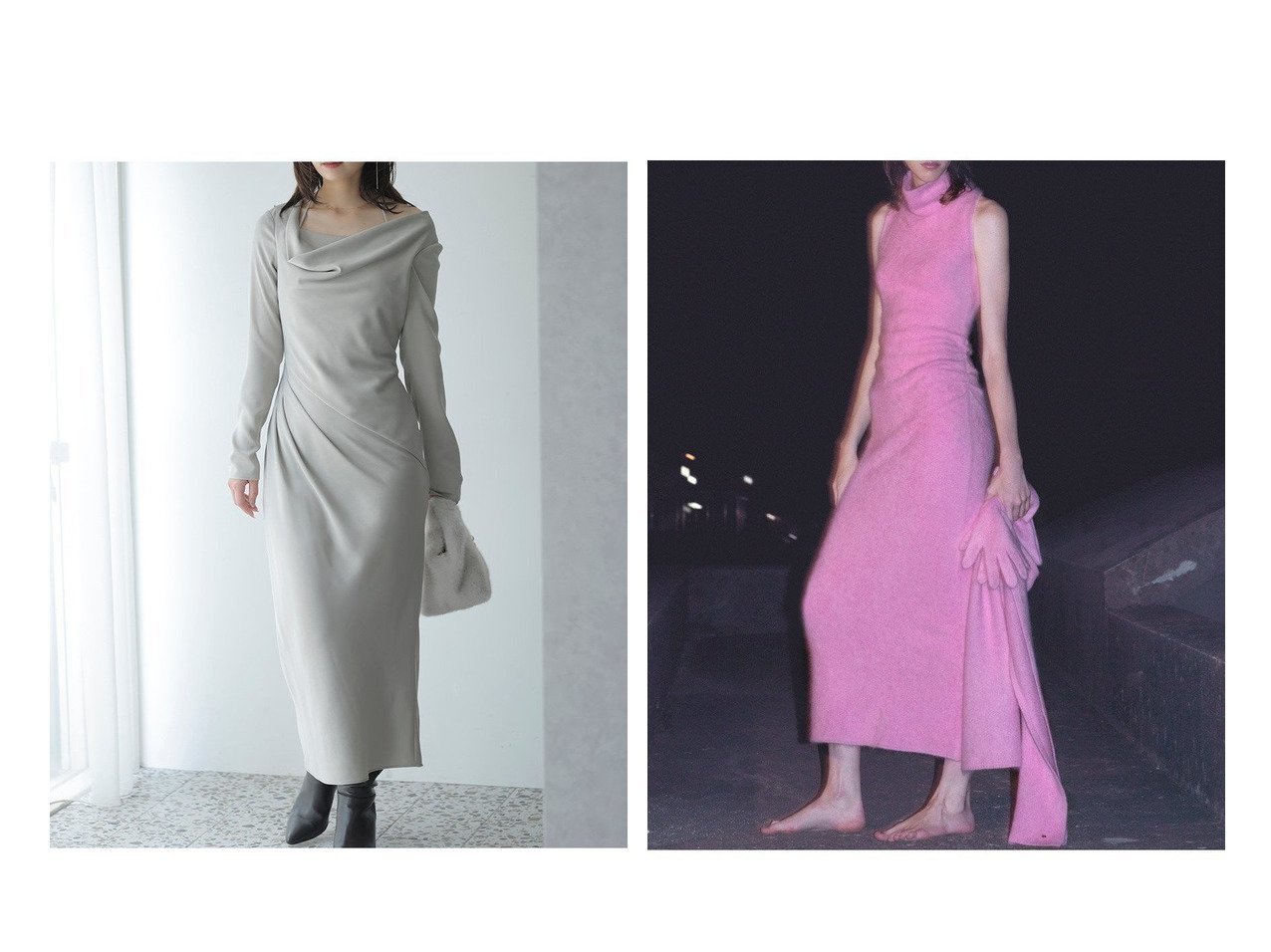 【上質メリノウールのアメスリニットワンピースと計算されたドレープが美しいバックサテンロングワンピース】SNIDEL(スナイデル)の通販 おすすめ人気トレンドファッション通販アイテム インテリア・キッズ・メンズ・レディースファッション・服の通販 founy(ファニー) 　ファッション　Fashion　レディースファッション　Fashion for Women　ワンピース　Dresses　ニットワンピース　Knit Dresses　インナー　Innerwear　キャミソール　Camisole, Spaghetti Strap Top　サテン　Satin, Glossy Fabric　シンプル　Simple, Minimal　ストレート　Straight, Straight Cut　スマート　Smart, Elegant　スリット　Slit, Slit Detail　デコルテ　Décolleté, Neckline　ドッキング　Docking, Mixed Material　ドレープ　Drape, Draping Fabric　おすすめ　Recommended / Our Picks　|ID:crp329100000226195