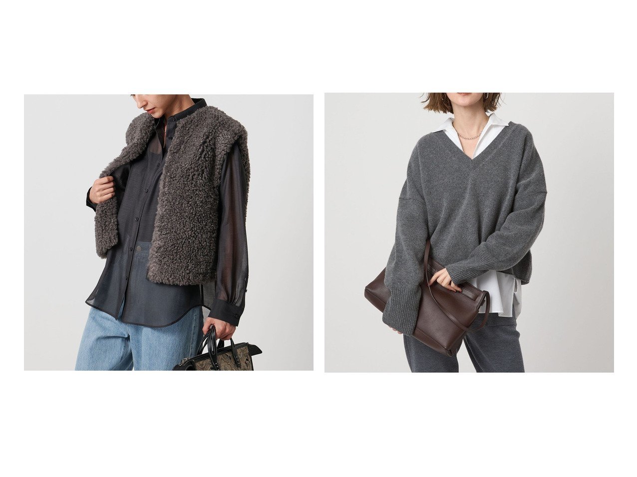 Vネックウールニットとファーライクボアベストでつくる抜け感のあるあたたかなレイヤードスタイル UNITED ARROWS(ユナイテッドアローズ)の通販 おすすめ人気トレンドファッション通販アイテム インテリア・キッズ・メンズ・レディースファッション・服の通販 founy(ファニー) 　ファッション　Fashion　レディースファッション　Fashion for Women　アウター　Coat / Outerwear Collection　トップス・カットソー　Cut & Sew Tops　ベスト&ジレ / 重ね着スタイル　Vests & Gilets　ニット　Knit Tops & Sweaters　Vネックトップス　V-Neck Tops / V-Cut Neckline Shirts　おすすめ　Recommended / Our Picks　バランス　Balance, Style Balance　フォルム　Silhouette, Form　ベスト　Vest, Waistcoat　リブニット　Rib Knit, Ribbed Knit　なめらか　Smooth, Silky Texture　カーディガン　Cardigan, Knitwear　デコルテ　Décolleté, Neckline　プレート　Plate, Dish　ワイドリブ　Wide Rib, Wide Ribbed Knit　グレー系　Gray　ホワイト系　White　ブラック系　Black　|ID:crp329100000226238