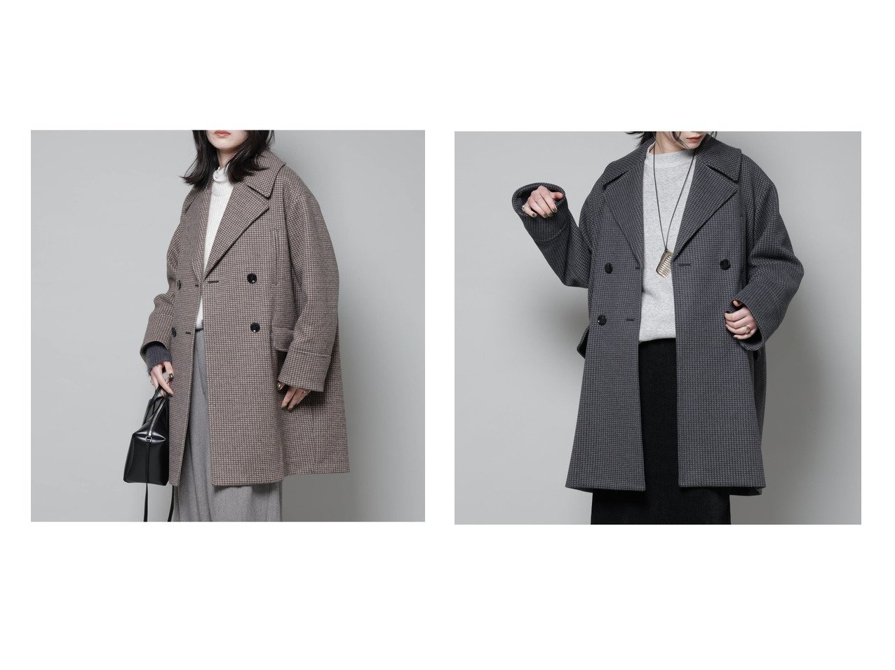 【クラシカルなチェック柄とモダンなシルエットが魅力のオーバーサイズコートで冬の装いを上品に】NANO universe(ナノ・ユニバース)の通販 おすすめ人気トレンドファッション通販アイテム インテリア・キッズ・メンズ・レディースファッション・服の通販 founy(ファニー) 　ファッション　Fashion　レディースファッション　Fashion for Women　アウター　Coat / Outerwear Collection　コート・ロングコート・ピーコート　Long Coats, Peacoats & More　カットソー　Cut and Sewn Top　クラシカル　Classical, Vintage-Inspired　ダブル　Double, Double-Breasted　チェック　Check, Plaid, Tartan　フロント　Front, Front Design　ボンディング　Bonding, Bonded Fabric　ポケット　Pocket, Pocket Detail　モダン　Modern, Contemporary　無地　Plain, Solid Color　A/W・秋冬　Autumn/Winter　ビジネス 仕事 通勤　Business / Work / Commuting　2025年　2025　2025-2026秋冬・A/W　Autumn/Winter 2025–26 AW25–26　ブラウン系　Brown　ブラック系　Black　|ID:crp329100000226247