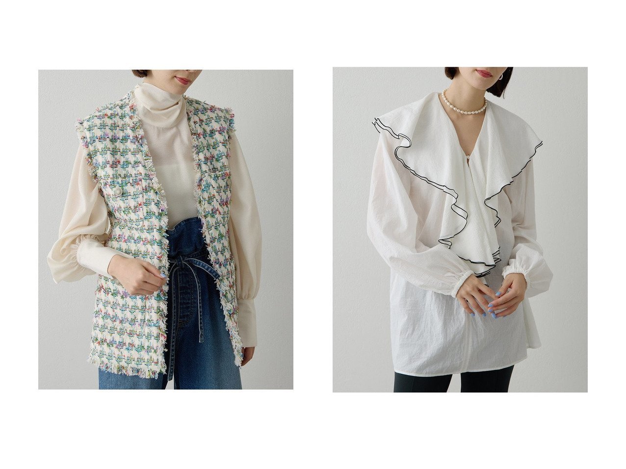 【上質ツイードの存在感と軽やかなフリルが装いを格上げする 大人のためのジレとブラウス】Whim Gazette(ウィムガゼット)の通販 おすすめ人気トレンドファッション通販アイテム インテリア・キッズ・メンズ・レディースファッション・服の通販 founy(ファニー) 　ファッション　Fashion　レディースファッション　Fashion for Women　アウター　Coat / Outerwear Collection　レディースジャケット・軽アウター　Jackets　トップス・カットソー　Cut & Sew Tops　シャツ・ブラウス・オフィスカジュアル　Elegant Blouses & Button-Ups　エレガント 上品　Elegant　春　Spring　ジャケット　Jacket, Outerwear　ツイード　Twill, Twill Weave　フリンジ　Fringe, Tassel　ベスト　Vest, Waistcoat　ポケット　Pocket, Pocket Detail　ランダム　Random, Irregular　S/S・春夏　SS, Spring/Summer, Warm Season　夏　Summer　セレモニー　Ceremony　2026年　2026　インナー　Innerwear　スリーブ　Sleeve, Long Sleeve / Short Sleeve　デニム　Denim, Jeans Material　バランス　Balance, Style Balance　フェミニン　Feminine, Girly　フリル　Frill, Ruffle　ボトム　Bottoms, Lower Wear　ロング　Long, Long-Length　ホワイト系　White　ブルー系　Blue　|ID:crp329100000226289