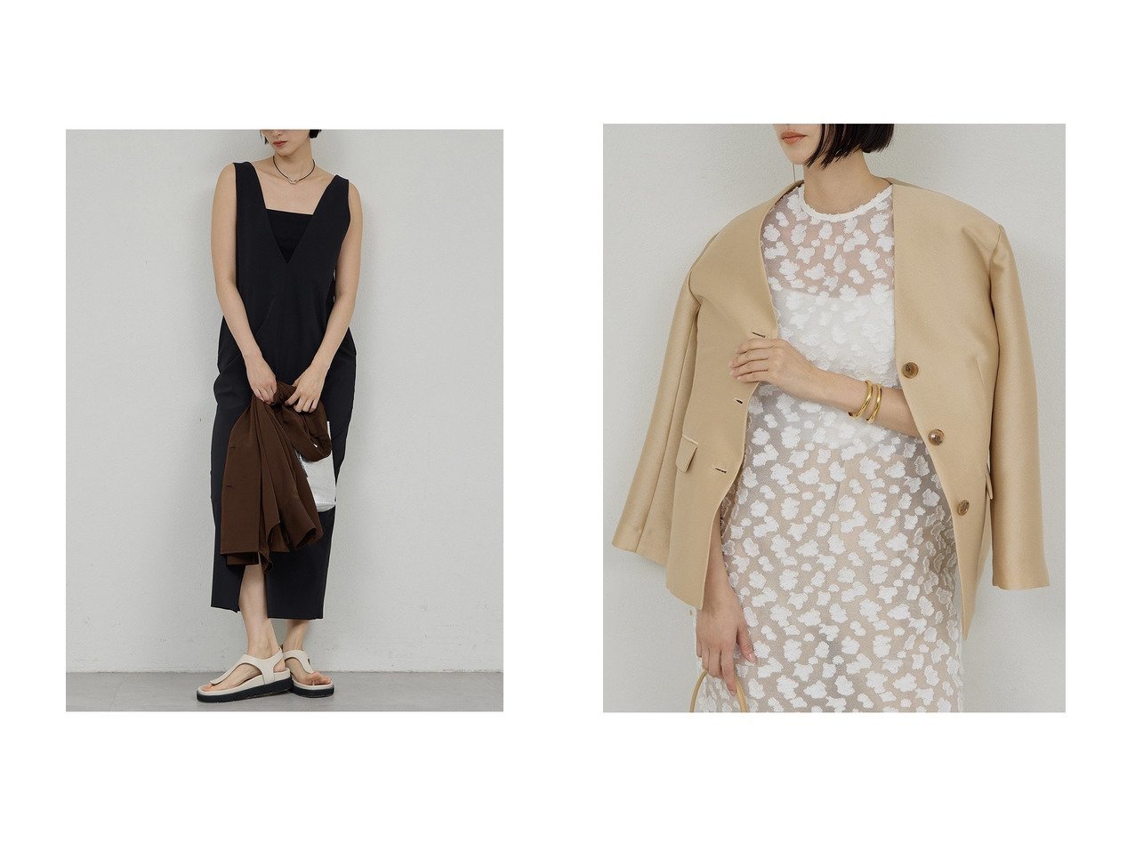 【前後で着こなしを変えられる2WAYワンピースと艶やかな素材感が上品なノーカラージャケット】GALLARDAGALANTE(ガリャルダガランテ)の通販 おすすめ人気トレンドファッション通販アイテム インテリア・キッズ・メンズ・レディースファッション・服の通販 founy(ファニー) 　ファッション　Fashion　レディースファッション　Fashion for Women　ワンピース　Dresses　チュニック　Tunic Tops & Dresses　アウター　Coat / Outerwear Collection　レディースジャケット・軽アウター　Jackets　2026年　2026　ストレッチ　Stretch, Stretchy Fabric　チュニック　Tunic, Long Top　ロング　Long, Long-Length　夏　Summer　春　Spring　S/S・春夏　SS, Spring/Summer, Warm Season　楽ちん　Easy Fit, Comfortable　エレガント 上品　Elegant　シェイプ　Shape, Slim Fit　ジャケット　Jacket, Outerwear　スマート　Smart, Elegant　セットアップ　Set-Up, Coordinated Outfit　ホワイト系　White　ブラック系　Black　ベージュ系　Beige　|ID:crp329100000226292