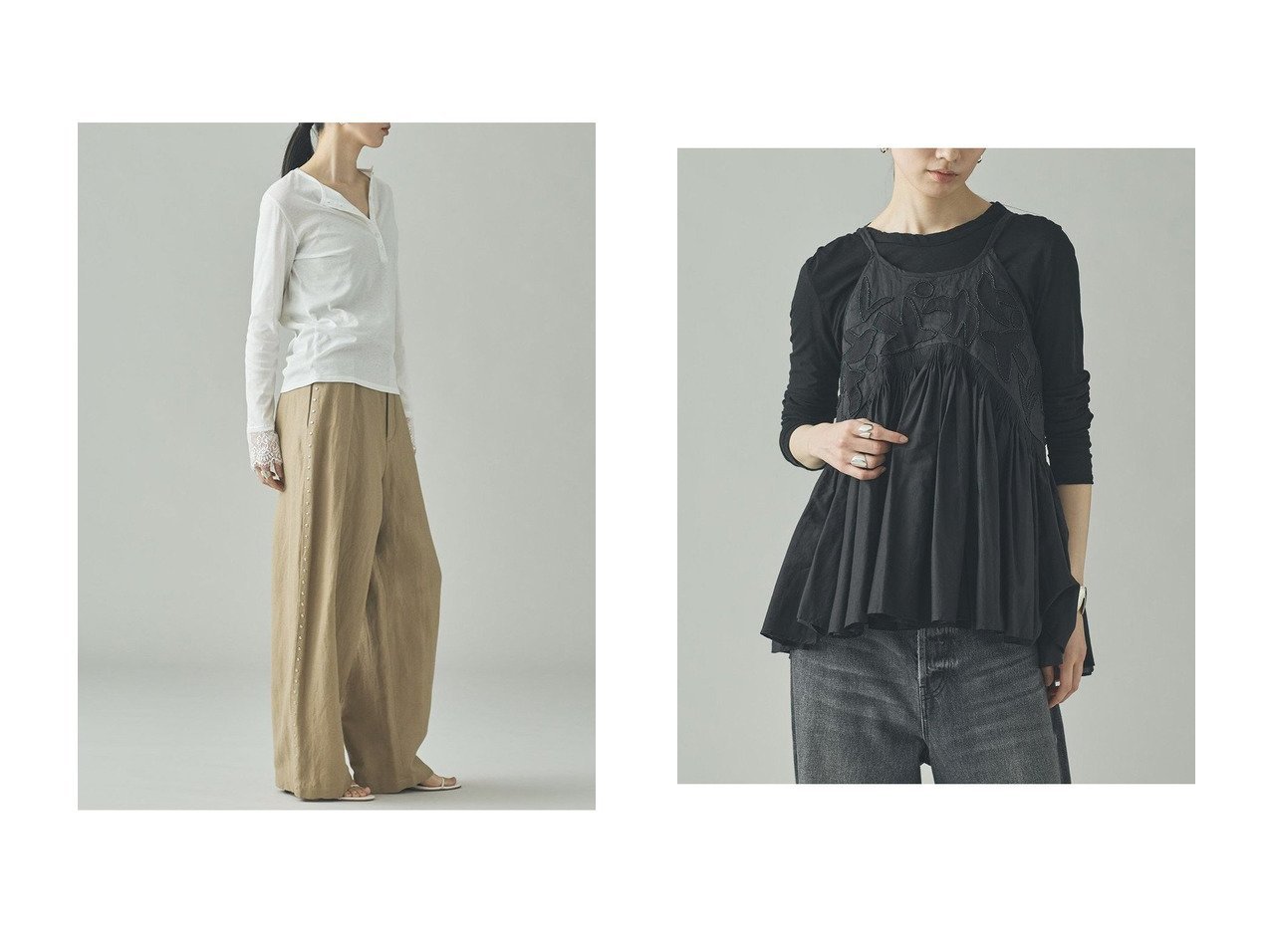 落ち感のあるウールリネンのスタッズパンツと華やかなバード刺しゅうキャミソールでつくる洗練された大人の装い Curensology(カレンソロジー)の通販
 おすすめ人気トレンドファッション通販アイテム インテリア・キッズ・メンズ・レディースファッション・服の通販 founy(ファニー) 　ファッション　Fashion　レディースファッション　Fashion for Women　パンツ　Pants & Trousers　トップス・カットソー　Cut & Sew Tops　キャミソール&ノースリーブ　Camisoles & Sleeveless Tops　シャツ・ブラウス・オフィスカジュアル　Elegant Blouses & Button-Ups　2026年　2026　オックス　Oxford Fabric　スタッズ　Studs, Metal Accents　バランス　Balance, Style Balance　メタル　Metal, Metal Parts　リネン　Linen, Linen Fabric　ロング　Long, Long-Length　冬　Winter / This Winter　夏　Summer　春　Spring　S/S・春夏　SS, Spring/Summer, Warm Season　インド　Indian Textile　インナー　Innerwear　オーガンジー　Organza Fabric　キャミソール　Camisole, Spaghetti Strap Top　シルク　Silk, 100% Silk　スラックス　Slacks, Dress Pants　デニム　Denim, Jeans Material　ノースリーブ　Sleeveless, No-Sleeve　ハンド　Hand, Handmade　ラップ　Wrap, Wrap Design　エレガント 上品　Elegant　ブラック系　Black　ベージュ系　Beige　ホワイト系　White　|ID:crp329100000226311