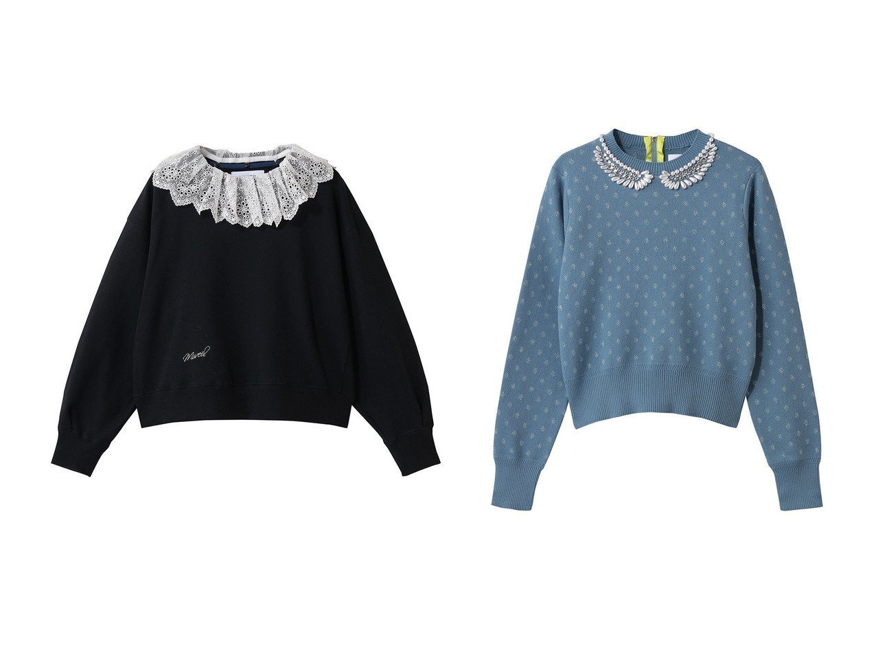 【レース襟とパール刺しゅうが装いに華を添える、フェミニンとモダンを楽しむプルオーバー】MUVEIL(ミュベール)の通販
 おすすめ人気トレンドファッション通販アイテム インテリア・キッズ・メンズ・レディースファッション・服の通販 founy(ファニー) 　ファッション　Fashion　レディースファッション　Fashion for Women　トップス・カットソー　Cut & Sew Tops　シャツ・ブラウス・オフィスカジュアル　Elegant Blouses & Button-Ups　レディースパーカー・カジュアルフーディー　Casual Hoodies & Sweatshirts　ロングTシャツ・Tシャツ　Longline T-Shirts & Tees　カジュアルプルオーバー・ニットトップス　Pullovers & Knit Tops / Casual Pullovers　スウェット・クルーネックトップス　Sweatshirts & Crewnecks / Relaxed Fit Sweat Tops　カットソー・ベーシックTシャツ　Cut-and-Sewn Tops / Stretch Tees & Basics　ニット　Knit Tops & Sweaters　2026年　2026　コンパクト　Compact, Small Size　ショルダー　Shoulder, Shoulder Strap　ドロップ　Drop Shoulder, Dropped Style　フェミニン　Feminine, Girly　モダン　Modern, Contemporary　ループ　Loop, Loop Knit　レース　Lace, Lace Fabric　ワイド　Wide, Wide Fit　夏　Summer　春　Spring　S/S・春夏　SS, Spring/Summer, Warm Season　おすすめ　Recommended / Our Picks　オーガンジー　Organza Fabric　ジャカード／ジャガード　Jacquard, Woven Pattern　ストーン　Stone, Gem-Like　ダブル　Double, Double-Breasted　パール　Pearl, Pearl Accent　ビジュー　Bijou, Jewel-like Accent　リボン　Ribbon, Bow　エレガント 上品　Elegant　水玉　Polka Dot, Dot Pattern　ブルー系　Blue　|ID:crp329100000226354