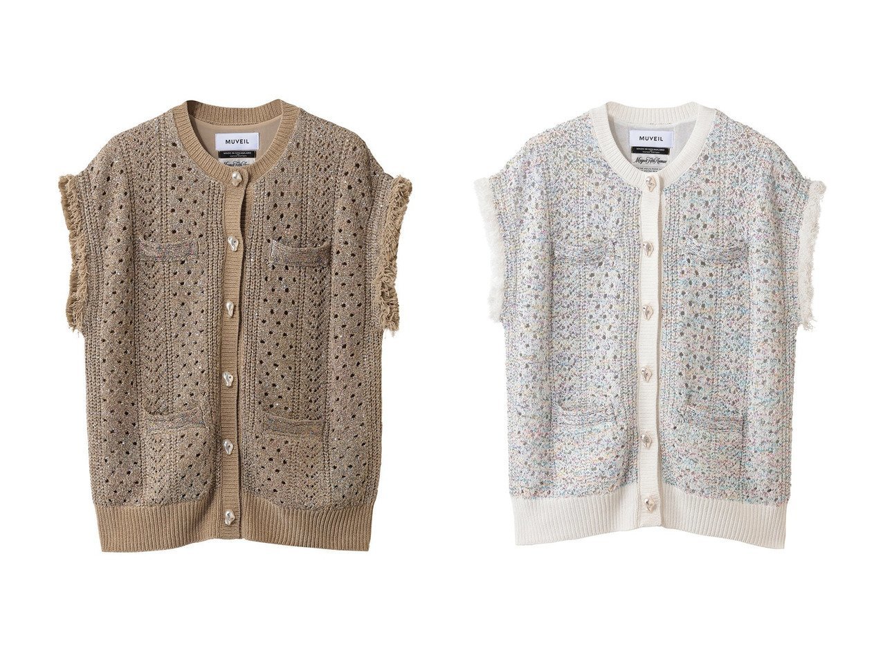 【ビジューボタンとフリンジが映える、表情豊かな編地で装いを華やかに彩るジレ】MUVEIL(ミュベール)の通販
 おすすめ人気トレンドファッション通販アイテム インテリア・キッズ・メンズ・レディースファッション・服の通販 founy(ファニー) 　ファッション　Fashion　レディースファッション　Fashion for Women　トップス・カットソー　Cut & Sew Tops　ニット　Knit Tops & Sweaters　カーディガン・羽織り　Layered Style Cardigans　ベスト&ジレ / 重ね着スタイル　Vests & Gilets　2026年　2026　カラフル　Colorful Design　カーディガン　Cardigan, Knitwear　ストーン　Stone, Gem-Like　スパンコール　Sequins, Sequin Embellishment　スワロフスキー　Swarovski, Crystal Accent　パイピング　Piping, Trim Design　パール　Pearl, Pearl Accent　フリンジ　Fringe, Tassel　モチーフ　Motif, Design Theme　レース　Lace, Lace Fabric　ヴィンテージ　Vintage Style　夏　Summer　春　Spring　S/S・春夏　SS, Spring/Summer, Warm Season　ホワイト系　White　|ID:crp329100000226357