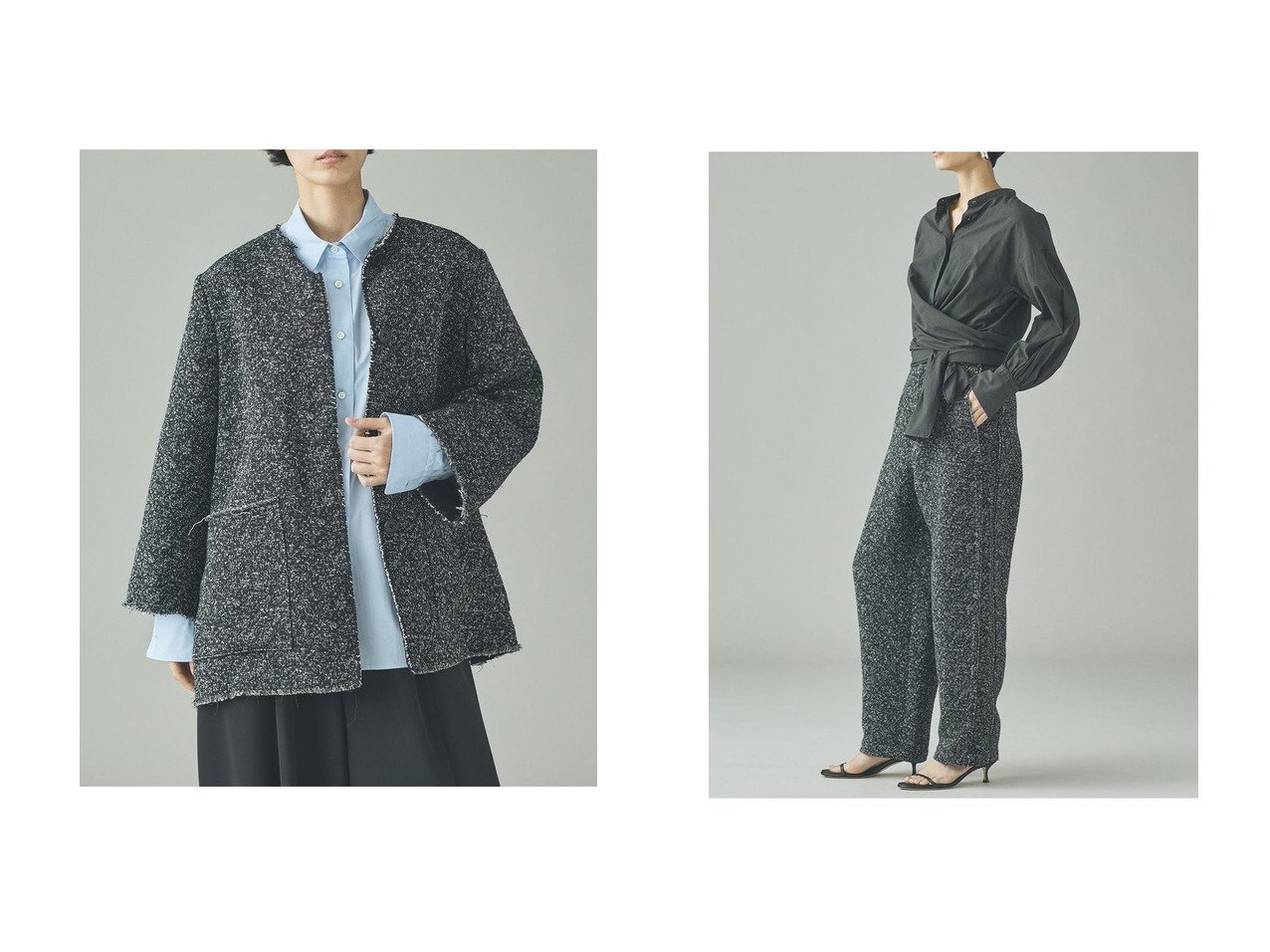 【先染めネップツイードの質感を楽しむ、BOXYシルエットのジャケットと立体的カーヴィーパンツ】Curensology(カレンソロジー)の通販
 おすすめ人気トレンドファッション通販アイテム インテリア・キッズ・メンズ・レディースファッション・服の通販 founy(ファニー) 　ファッション　Fashion　レディースファッション　Fashion for Women　アウター　Coat / Outerwear Collection　レディースジャケット・軽アウター　Jackets　パンツ　Pants & Trousers　2026年　2026　おすすめ　Recommended / Our Picks　イタリア　Italy　インナー　Innerwear　カフス　Cuff Design　ジャケット　Jacket, Outerwear　ツイード／ツィード　Choker, Choker Necklace　ツイード　Twill, Twill Weave　ネップ　Nepp, Slub Yarn　フリンジ　Fringe, Tassel　夏　Summer　春　Spring　S/S・春夏　SS, Spring/Summer, Warm Season　ブラック系　Black　|ID:crp329100000226360