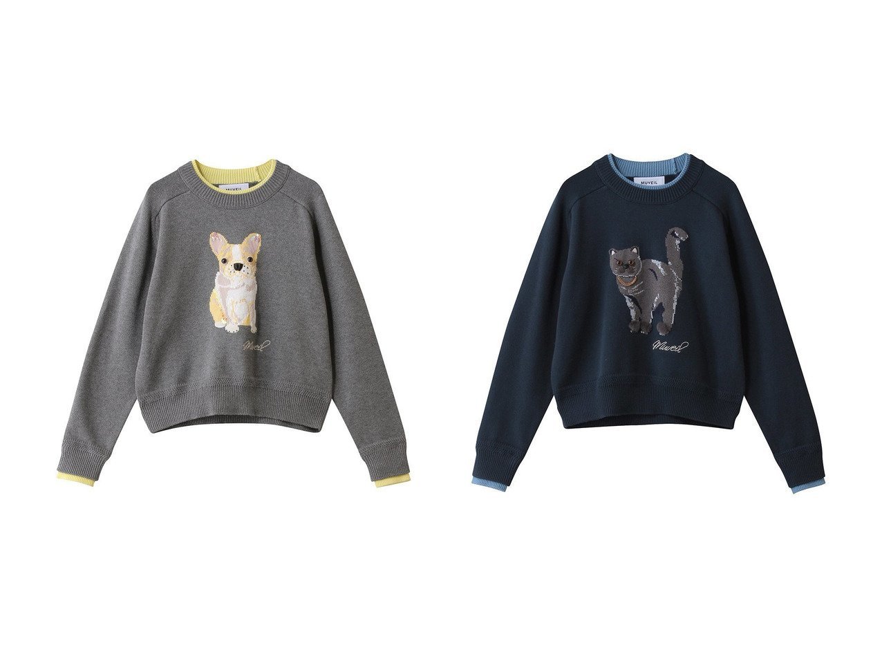 愛らしい動物モチーフが着映えを叶えるネコとフレンチブルドッグのインターシャプルオーバーで楽しむ遊び心ある装い　MUVEIL(ミュベール)の通販
 おすすめ人気トレンドファッション通販アイテム インテリア・キッズ・メンズ・レディースファッション・服の通販 founy(ファニー) 　ファッション　Fashion　レディースファッション　Fashion for Women　トップス・カットソー　Cut & Sew Tops　ニット　Knit Tops & Sweaters　カジュアルプルオーバー・ニットトップス　Pullovers & Knit Tops / Casual Pullovers　2026年　2026　コレクション　Collection, Seasonal Line　コンパクト　Compact, Small Size　ワイド　Wide, Wide Fit　夏　Summer　春　Spring　S/S・春夏　SS, Spring/Summer, Warm Season　ホワイト系　White　グレー系　Gray　ブルー系　Blue　|ID:crp329100000226396