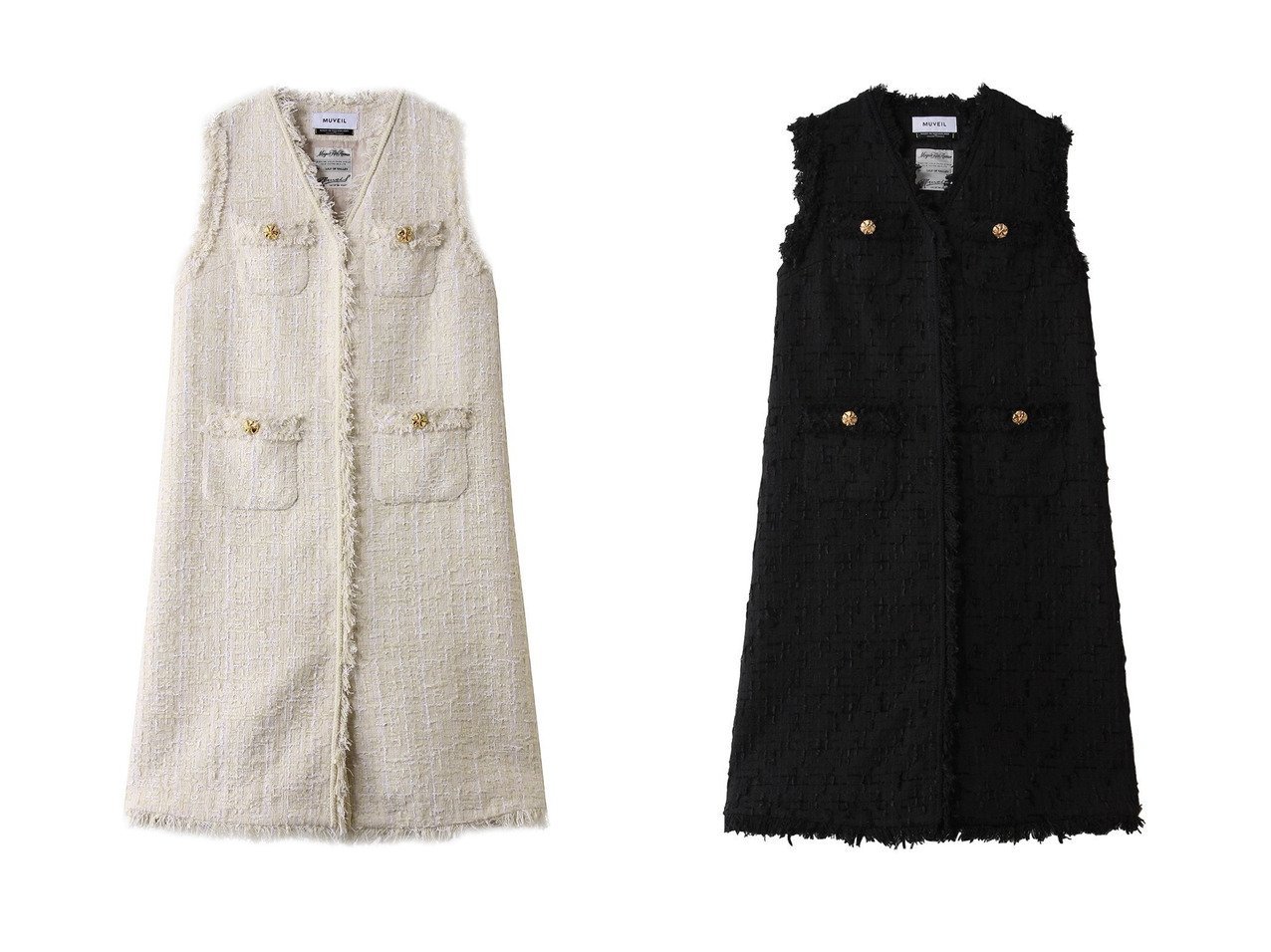 【ツイードの気品が映える】フリンジがアクセントのジレワンピースで楽しむ華やかさとモード感 MUVEIL(ミュベール)の通販
 おすすめ人気トレンドファッション通販アイテム インテリア・キッズ・メンズ・レディースファッション・服の通販 founy(ファニー) 　ファッション　Fashion　レディースファッション　Fashion for Women　アウター　Coat / Outerwear Collection　ワンピース　Dresses　チュニック　Tunic Tops & Dresses　2026年　2026　クラシック　Classic, Timeless Style　チュニック　Tunic, Long Top　ツイード　Twill, Twill Weave　フリンジ　Fringe, Tassel　ベスト　Vest, Waistcoat　ベロア　Velour, Soft Velvet　ロング　Long, Long-Length　夏　Summer　春　Spring　S/S・春夏　SS, Spring/Summer, Warm Season　ホワイト系　White　ブラック系　Black　|ID:crp329100000226399