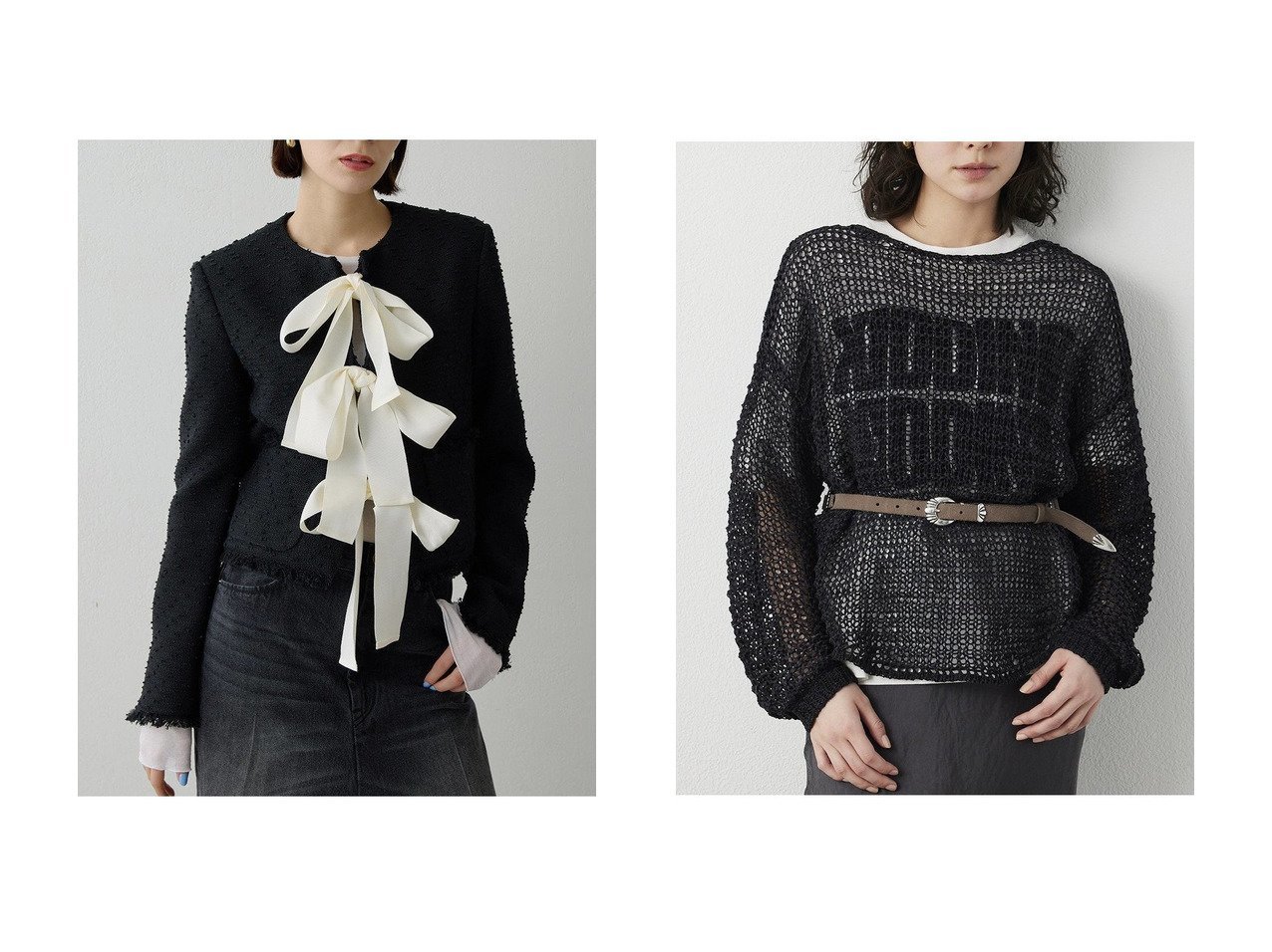 【抜け感と華やかさを纏う】スエードライクローゲージニットとネップツイードリボンジャケットで楽しむ大人のレイヤード Whim Gazette(ウィムガゼット)の通販
 おすすめ人気トレンドファッション通販アイテム インテリア・キッズ・メンズ・レディースファッション・服の通販 founy(ファニー) 　ファッション　Fashion　レディースファッション　Fashion for Women　アウター　Coat / Outerwear Collection　レディースジャケット・軽アウター　Jackets　トップス・カットソー　Cut & Sew Tops　ニット　Knit Tops & Sweaters　カジュアルプルオーバー・ニットトップス　Pullovers & Knit Tops / Casual Pullovers　2026年　2026　おすすめ　Recommended / Our Picks　エレガント 上品　Elegant　コンパクト　Compact, Small Size　ジャケット　Jacket, Outerwear　セットアップ　Set-Up, Coordinated Outfit　ツイード　Twill, Twill Weave　ネップ　Nepp, Slub Yarn　フリンジ　Fringe, Tassel　リボン　Ribbon, Bow　夏　Summer　春　Spring　S/S・春夏　SS, Spring/Summer, Warm Season　ブラック系　Black　グレー系　Gray　ベージュ系　Beige　|ID:crp329100000226405