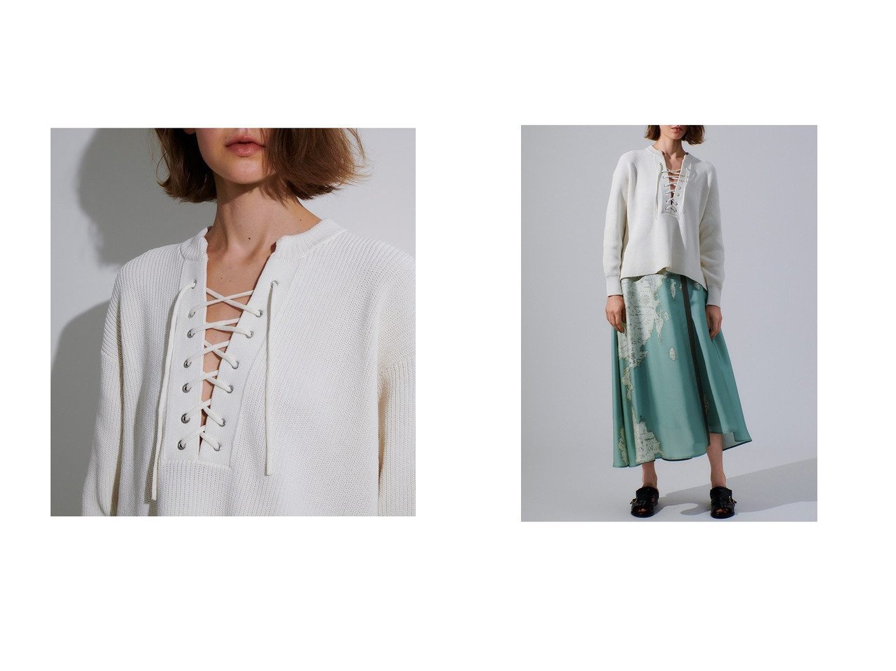 【印象的な柄と立体感が映える】マッププリントフレアラップスカートとレースアップバルキープルオーバーで楽しむ華やぎカジュアル allureville(アルアバイル)の通販
 おすすめ人気トレンドファッション通販アイテム インテリア・キッズ・メンズ・レディースファッション・服の通販 founy(ファニー) 　ファッション　Fashion　レディースファッション　Fashion for Women　トップス・カットソー　Cut & Sew Tops　ニット　Knit Tops & Sweaters　カジュアルプルオーバー・ニットトップス　Pullovers & Knit Tops / Casual Pullovers　スカート　Skirts　ロングスカート　Long Skirts / Maxi & Midi Skirts　2026年　2026　シルケット　Silket, Silky Cotton　ボトム　Bottoms, Lower Wear　レース　Lace, Lace Fabric　夏　Summer　春　Spring　S/S・春夏　SS, Spring/Summer, Warm Season　畦　Ribbed Knit　アシンメトリー　Asymmetrical Style　イタリア　Italy　ドレープ　Drape, Draping Fabric　フレア　Flare, Flared　プリント　Print, Printed Pattern　ラップ　Wrap, Wrap Design　ロング　Long, Long-Length　エレガント 上品　Elegant　ホワイト系　White　グリーン系　Green　|ID:crp329100000226424