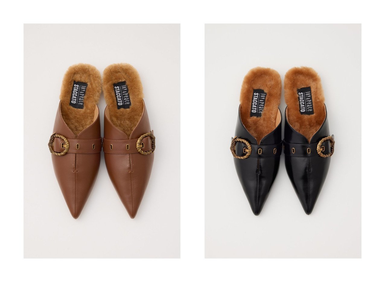 【ヴィンテージ感のあるリーフバックルが印象的なシアリングミュール もこもこファーで足元に温もりを添える一足】STACCATO(スタッカート)の通販
 おすすめ人気トレンドファッション通販アイテム インテリア・キッズ・メンズ・レディースファッション・服の通販 founy(ファニー) 　ファッション　Fashion　レディースファッション　Fashion for Women　おすすめ　Recommended / Our Picks　クラシック　Classic, Timeless Style　シューズ　Shoes, Footwear　スリッパ　Slippers, Room Shoes　フォルム　Silhouette, Form　フラット　Flat, Flat Shoes　リーフ　Leaf, Botanical Leaf　ワイド　Wide, Wide Fit　ヴィンテージ　Vintage Style　秋　Autumn　ブラウン系　Brown　ブラック系　Black　|ID:crp329100000226454