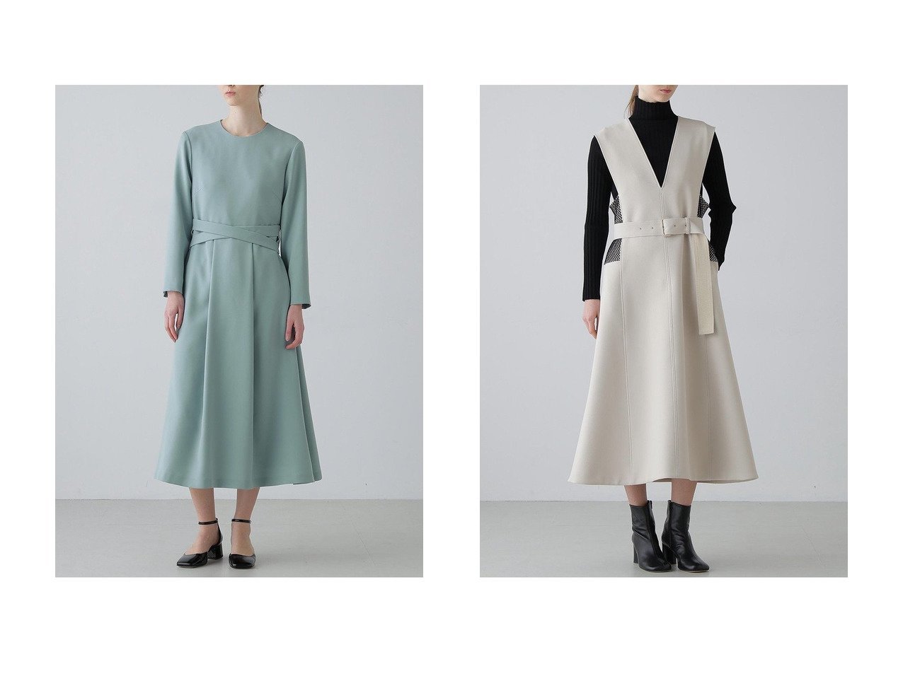 フォルム美と上品なドレープが際立つ バイカラーボンディングとサテンのワンピース 洗練された佇まいを叶える ADORE(アドーア)の通販
 おすすめ人気トレンドファッション通販アイテム インテリア・キッズ・メンズ・レディースファッション・服の通販 founy(ファニー) 　ファッション　Fashion　レディースファッション　Fashion for Women　ワンピース　Dresses　チュニック　Tunic Tops & Dresses　クラシカル　Classical, Vintage-Inspired　クラシック　Classic, Timeless Style　チュニック　Tunic, Long Top　ドレス　Dress, One-Piece　ドレープ　Drape, Draping Fabric　ロング　Long, Long-Length　エレガント 上品　Elegant　新作・新入荷　New Arrivals / New In　ブルー系　Blue　グリーン系　Green　ブラック系　Black　ベージュ系　Beige　|ID:crp329100000226502