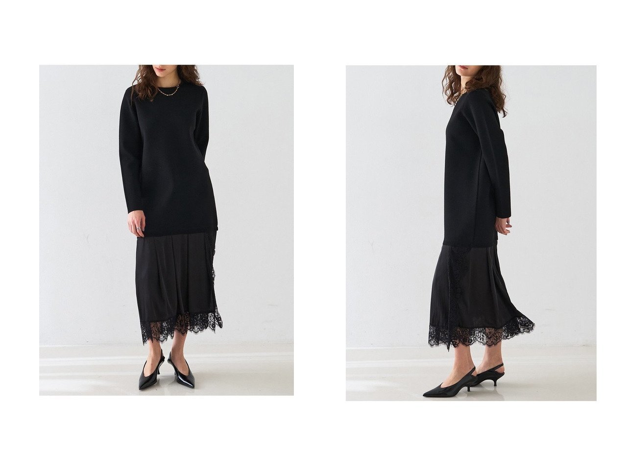 【DESIGN WORKS/デザイン ワークス】のヘムレースニットドッキングドレス おすすめ人気トレンドファッション通販アイテム インテリア・キッズ・メンズ・レディースファッション・服の通販 founy(ファニー) 　ファッション　Fashion　レディースファッション　Fashion for Women　ワンピース　Dresses　フォーマル・パーティードレス・結婚式用ドレス　Elegant & Casual Dresses　チュニック　Tunic Tops & Dresses　サテン　Satin, Glossy Fabric　シンプル　Simple, Minimal　チュニック　Tunic, Long Top　トリミング　Trimming, Decorative Edge　ドレス　Dress, One-Piece　バランス　Balance, Style Balance　レース　Lace, Lace Fabric　ロング　Long, Long-Length　エレガント 上品　Elegant　再入荷　Restock / Back in Stock　年末年始　Year-end and New Year Holidays　ベージュ系　Beige　ブラック系　Black　|ID:crp329100000226507