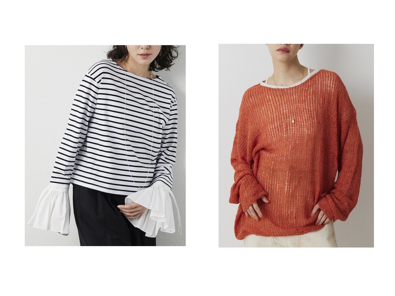 【フレアカフスボーダーとメッシュプルオーバーで叶える フェミニンさと抜け感を備えた大人のトップス】Whim Gazette(ウィムガゼット)の通販
 おすすめ人気トレンドファッション通販アイテム インテリア・キッズ・メンズ・レディースファッション・服の通販 founy(ファニー) 　ファッション　Fashion　レディースファッション　Fashion for Women　トップス・カットソー　Cut & Sew Tops　シャツ・ブラウス・オフィスカジュアル　Elegant Blouses & Button-Ups　ロングTシャツ・Tシャツ　Longline T-Shirts & Tees　カジュアルプルオーバー・ニットトップス　Pullovers & Knit Tops / Casual Pullovers　カットソー・ベーシックTシャツ　Cut-and-Sewn Tops / Stretch Tees & Basics　ニット　Knit Tops & Sweaters　2026年　2026　おすすめ　Recommended / Our Picks　ジャケット　Jacket, Outerwear　スリーブ　Sleeve, Long Sleeve / Short Sleeve　バランス　Balance, Style Balance　フェミニン　Feminine, Girly　フレア　Flare, Flared　ボーダー　Border, Stripe　ロング　Long, Long-Length　夏　Summer　定番　Standard, Basic Item　春　Spring　S/S・春夏　SS, Spring/Summer, Warm Season　ホワイト系　White　ブラック系　Black　ベージュ系　Beige　ピンク系　Pink　|ID:crp329100000226514