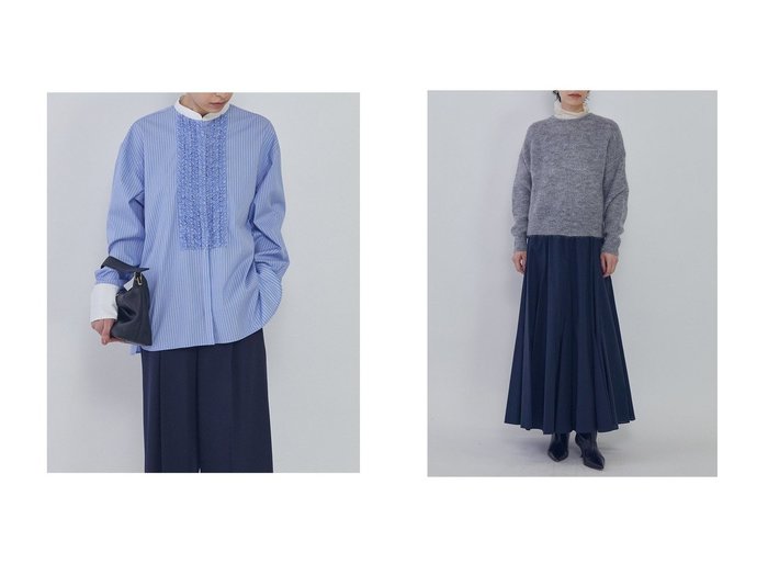 【繊細なフリルが映えるバンドカラーシャツと動きのあるボリューム感を楽しむタフタスカート】1er Arrondissement(プルミエ アロンディスモン)の通販
 おすすめ人気トレンドファッション通販アイテム 人気、トレンドファッション・服の通販 founy(ファニー) 　ファッション　Fashion　レディースファッション　Fashion for Women　トップス・カットソー　Cut & Sew Tops　シャツ・ブラウス・オフィスカジュアル　Elegant Blouses & Button-Ups　スカート　Skirts　ロングスカート　Long Skirts / Maxi & Midi Skirts　2026年　2026　なめらか　Smooth, Silky Texture　カフス　Cuff Design　クラシカル　Classical, Vintage-Inspired　シンプル　Simple, Minimal　ストライプ　Stripe, Striped Pattern　スリーブ　Sleeve, Long Sleeve / Short Sleeve　タイプライター　Typewriter Fabric, Crisp Cotton　フリル　Frill, Ruffle　ロング　Long, Long-Length　エレガント 上品　Elegant　夏　Summer　春　Spring　S/S・春夏　SS, Spring/Summer, Warm Season　|ID:crp329100000226529