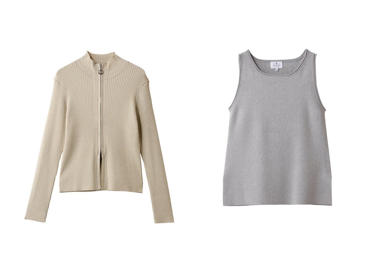 【繊細なラメ感が着映えするノースリーブニットとジップアップリブニットで品よく華やぐ大人の装い】LANVIN en Bleu(ランバン オン ブルー)の通販
 おすすめ人気トレンドファッション通販アイテム インテリア・キッズ・メンズ・レディースファッション・服の通販 founy(ファニー) 　ファッション　Fashion　レディースファッション　Fashion for Women　トップス・カットソー　Cut & Sew Tops　ニット　Knit Tops & Sweaters　カジュアルプルオーバー・ニットトップス　Pullovers & Knit Tops / Casual Pullovers　キャミソール&ノースリーブ　Camisoles & Sleeveless Tops　2026年　2026　コンパクト　Compact, Small Size　ジップアップ　Zip-Up, Full Zip　スポーティ　Sporty, Casual Athletic　スリーブ　Sleeve, Long Sleeve / Short Sleeve　フィット　Fit, Slim Fit　リブニット　Rib Knit, Ribbed Knit　ロング　Long, Long-Length　夏　Summer　春　Spring　S/S・春夏　SS, Spring/Summer, Warm Season　ベージュ系　Beige　グレー系　Gray　|ID:crp329100000226560