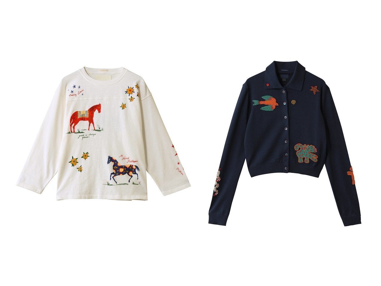 【ホースモチーフ刺しゅうが映えるロングTシャツとカラフルなビーズグラフィックが印象的なカーディガンで日常に遊び心を】MOTHER(マザー)の通販
 おすすめ人気トレンドファッション通販アイテム インテリア・キッズ・メンズ・レディースファッション・服の通販 founy(ファニー) 　ファッション　Fashion　レディースファッション　Fashion for Women　トップス・カットソー　Cut & Sew Tops　シャツ・ブラウス・オフィスカジュアル　Elegant Blouses & Button-Ups　ロングTシャツ・Tシャツ　Longline T-Shirts & Tees　カットソー・ベーシックTシャツ　Cut-and-Sewn Tops / Stretch Tees & Basics　ニット　Knit Tops & Sweaters　カーディガン・羽織り　Layered Style Cardigans　2026年　2026　スリーブ　Sleeve, Long Sleeve / Short Sleeve　フォルム　Silhouette, Form　ボトム　Bottoms, Lower Wear　モチーフ　Motif, Design Theme　ロング　Long, Long-Length　夏　Summer　春　Spring　S/S・春夏　SS, Spring/Summer, Warm Season　ホワイト系　White　ブルー系　Blue　|ID:crp329100000226572