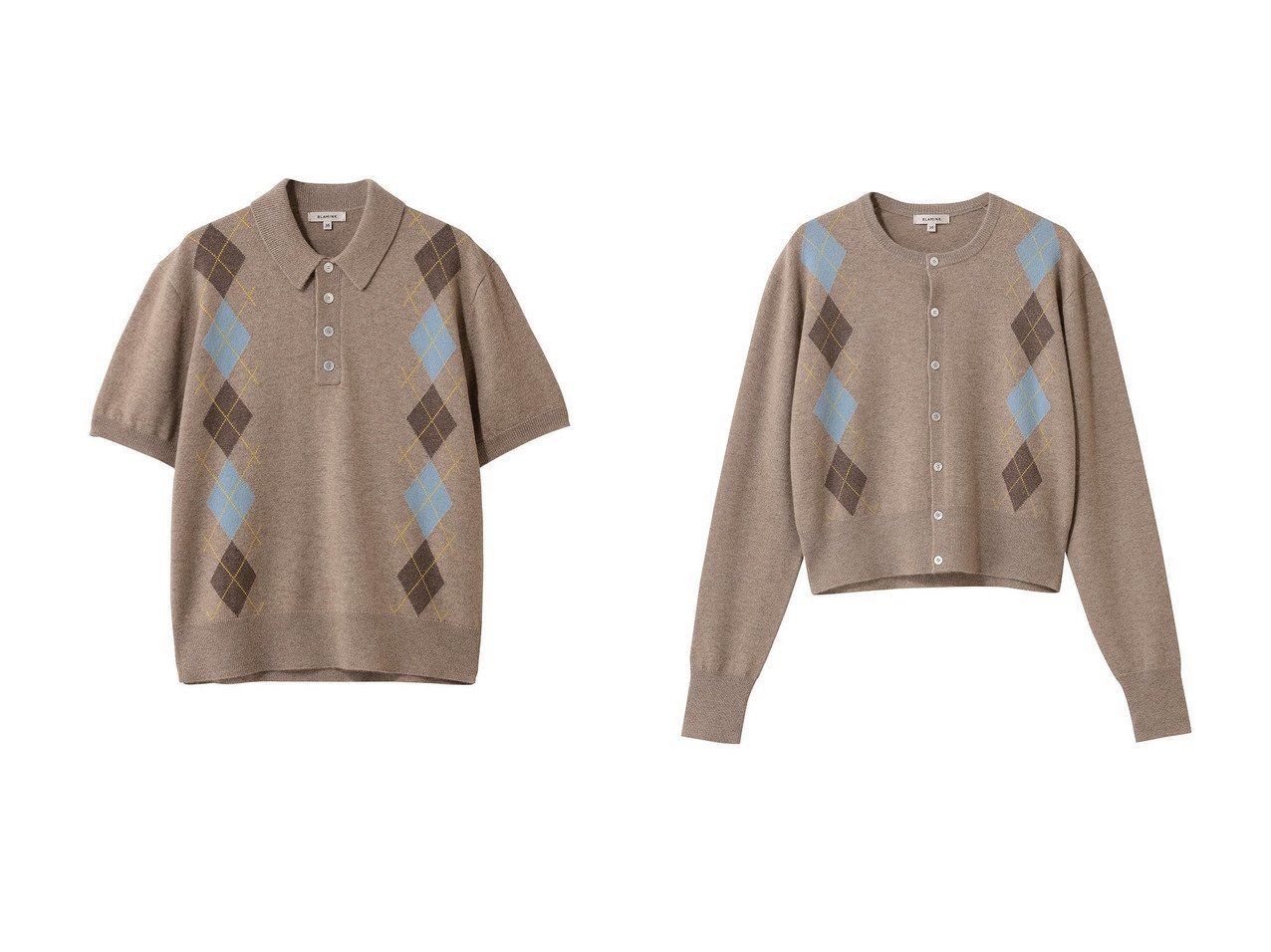 【上質なカシミヤの柔らかさでアーガイル柄をモダンに楽しむショートスリーブニットとクルーネックカーディガン】BLAMINK(ブラミンク)の通販
 おすすめ人気トレンドファッション通販アイテム インテリア・キッズ・メンズ・レディースファッション・服の通販 founy(ファニー) 　ファッション　Fashion　レディースファッション　Fashion for Women　トップス・カットソー　Cut & Sew Tops　ニット　Knit Tops & Sweaters　カジュアルプルオーバー・ニットトップス　Pullovers & Knit Tops / Casual Pullovers　カーディガン・羽織り　Layered Style Cardigans　2026年　2026　クラシカル　Classical, Vintage-Inspired　バランス　Balance, Style Balance　モダン　Modern, Contemporary　エレガント 上品　Elegant　夏　Summer　春　Spring　S/S・春夏　SS, Spring/Summer, Warm Season　ベージュ系　Beige　|ID:crp329100000226596