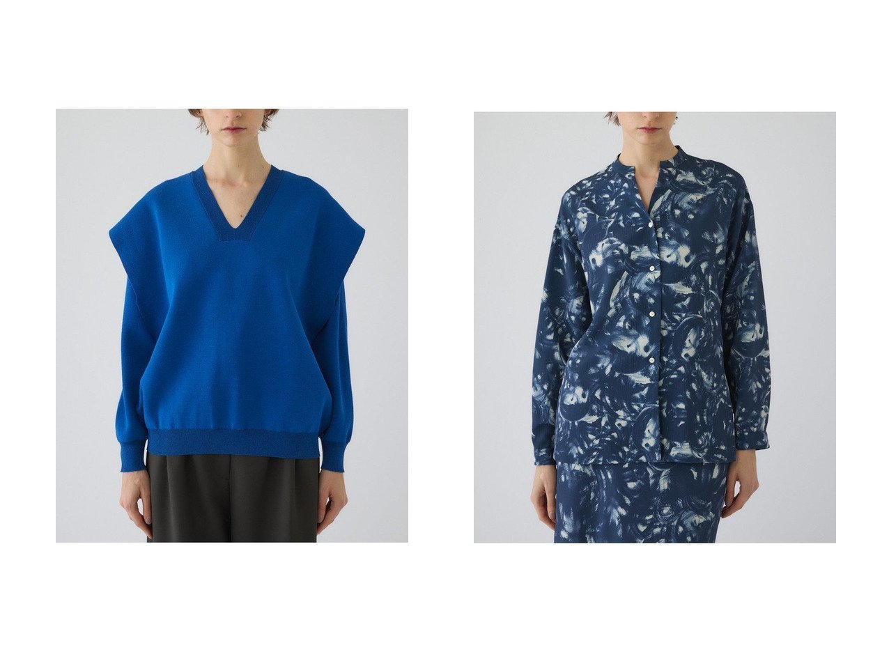 【レイヤード風デザインが映える軽やかなニットプルオーバーとアート柄が印象的なバンドカラーブラウス】RIM.ARK(リムアーク)の通販
 おすすめ人気トレンドファッション通販アイテム インテリア・キッズ・メンズ・レディースファッション・服の通販 founy(ファニー) 　ファッション　Fashion　レディースファッション　Fashion for Women　トップス・カットソー　Cut & Sew Tops　ニット　Knit Tops & Sweaters　カジュアルプルオーバー・ニットトップス　Pullovers & Knit Tops / Casual Pullovers　シャツ・ブラウス・オフィスカジュアル　Elegant Blouses & Button-Ups　インナー　Innerwear　春　Spring　スマート　Smart, Elegant　バランス　Balance, Style Balance　ベスト　Vest, Waistcoat　ワイド　Wide, Wide Fit　冬　Winter / This Winter　S/S・春夏　SS, Spring/Summer, Warm Season　夏　Summer　2026年　2026　ブラック系　Black　ブルー系　Blue　グレー系　Gray　|ID:crp329100000226606