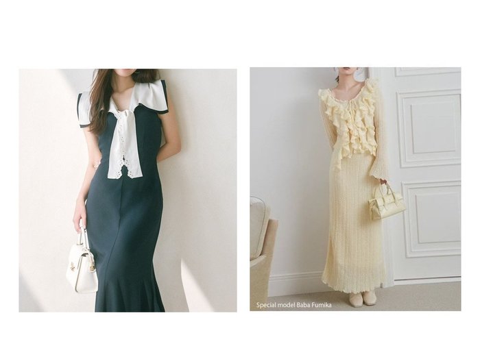 【エアリーな編み地のロングニットスカートとセーラーカラーが印象的なワンピース　上品に映えるロングシルエット】SNIDEL(スナイデル)の通販
 おすすめ人気トレンドファッション通販アイテム 人気、トレンドファッション・服の通販 founy(ファニー) ファッション Fashion レディースファッション Fashion for Women ワンピース Dresses スカート Skirts エレガント 上品 Elegant 春 Spring クラシカル Classical, Vintage-Inspired シェイプ Shape, Slim Fit シャーリング Shirring, Ruched スマート Smart, Elegant タンブラー Tumbler, Travel Mug トレンド Trend, Trending Now ハンカチ Handkerchief, Hanky マキシ Maxi, Full Length リボン Ribbon, Bow レース Lace, Lace Fabric ワーク Workwear, Utility Style S/S・春夏 SS, Spring/Summer, Warm Season 夏 Summer イエロー Yellow エアリー Airy Texture 今季 This Season, Current Season ストレート Straight, Straight Cut セットアップ Set-Up, Coordinated Outfit ロマンティック Romantic, Feminine Style 楽ちん Easy Fit, Comfortable おすすめ Recommended / Our Picks |ID:crp329100000226621