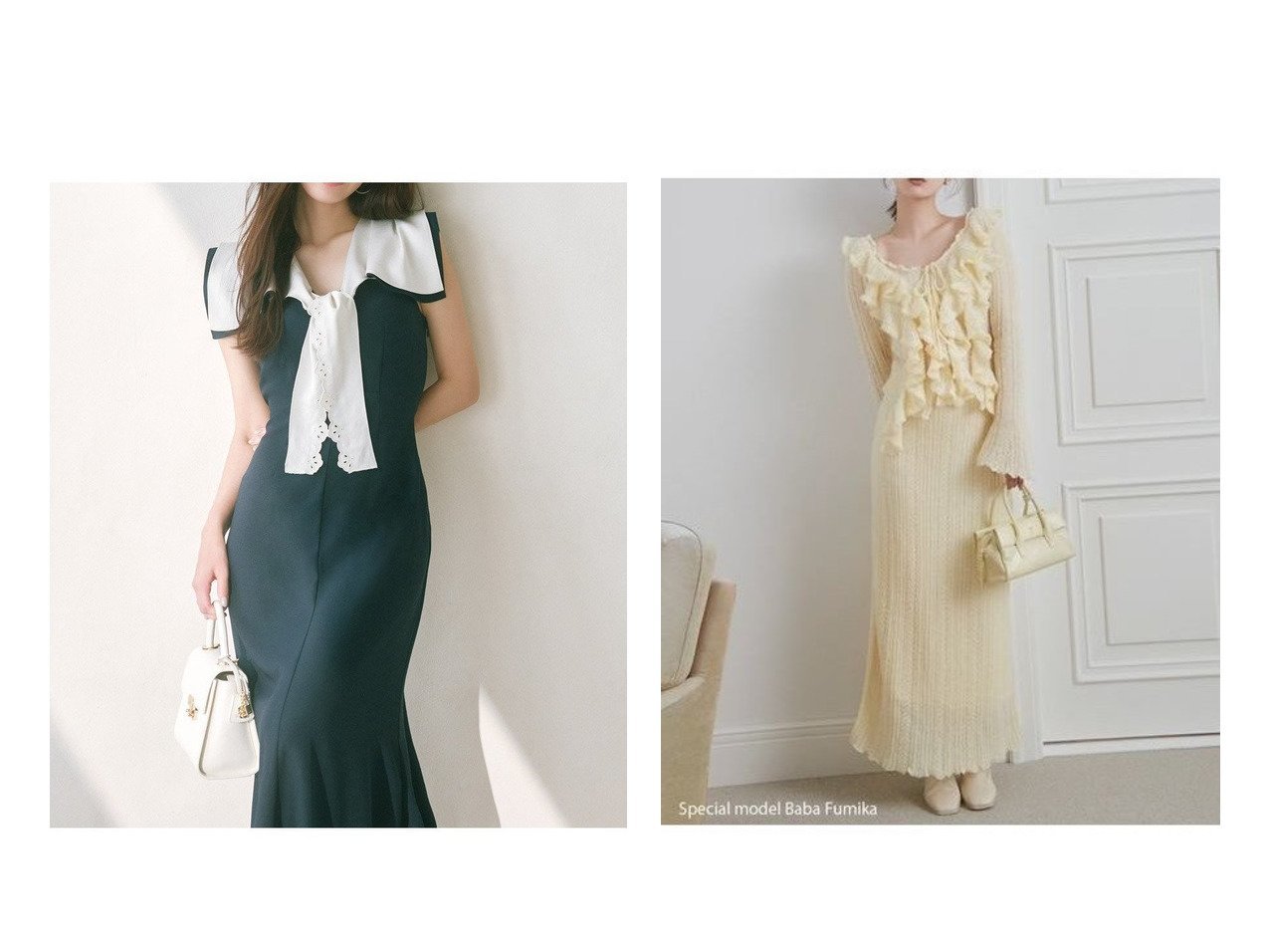 【エアリーな編み地のロングニットスカートとセーラーカラーが印象的なワンピース　上品に映えるロングシルエット】SNIDEL(スナイデル)の通販
 おすすめ人気トレンドファッション通販アイテム インテリア・キッズ・メンズ・レディースファッション・服の通販 founy(ファニー) 　ファッション　Fashion　レディースファッション　Fashion for Women　ワンピース　Dresses　スカート　Skirts　エレガント 上品　Elegant　春　Spring　クラシカル　Classical, Vintage-Inspired　シェイプ　Shape, Slim Fit　シャーリング　Shirring, Ruched　スマート　Smart, Elegant　タンブラー　Tumbler, Travel Mug　トレンド　Trend, Trending Now　ハンカチ　Handkerchief, Hanky　マキシ　Maxi, Full Length　リボン　Ribbon, Bow　レース　Lace, Lace Fabric　ワーク　Workwear, Utility Style　S/S・春夏　SS, Spring/Summer, Warm Season　夏　Summer　イエロー　Yellow　エアリー　Airy Texture　今季　This Season, Current Season　ストレート　Straight, Straight Cut　セットアップ　Set-Up, Coordinated Outfit　ロマンティック　Romantic, Feminine Style　楽ちん　Easy Fit, Comfortable　おすすめ　Recommended / Our Picks　|ID:crp329100000226621