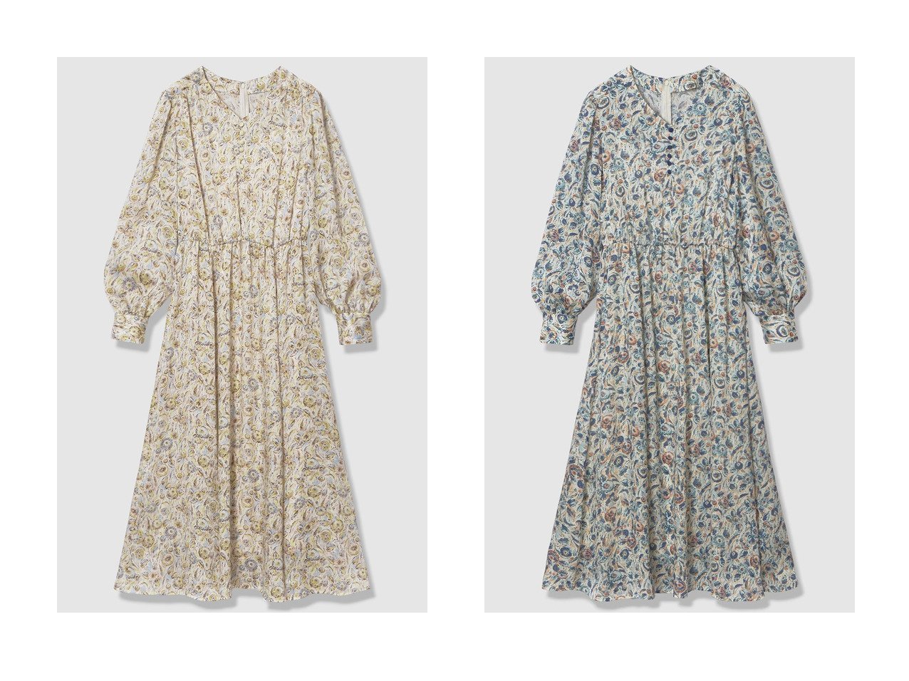 【ぼかしフラワープリントが上品に映えるフレアワンピース　イタリア素材で叶えるやわらかな女性らしさ】ANAYI(アナイ)の通販
 おすすめ人気トレンドファッション通販アイテム インテリア・キッズ・メンズ・レディースファッション・服の通販 founy(ファニー) 　ファッション　Fashion　レディースファッション　Fashion for Women　ワンピース　Dresses　チュニック　Tunic Tops & Dresses　2026年　2026　なめらか　Smooth, Silky Texture　サテン　Satin, Glossy Fabric　ジャケット　Jacket, Outerwear　チュニック　Tunic, Long Top　フェミニン　Feminine, Girly　フラワー　Flower, Floral　フレア　Flare, Flared　フロント　Front, Front Design　プリント　Print, Printed Pattern　ロング　Long, Long-Length　エレガント 上品　Elegant　夏　Summer　春　Spring　S/S・春夏　SS, Spring/Summer, Warm Season　ブルー系　Blue　イエロー系　Yellow　|ID:crp329100000226627