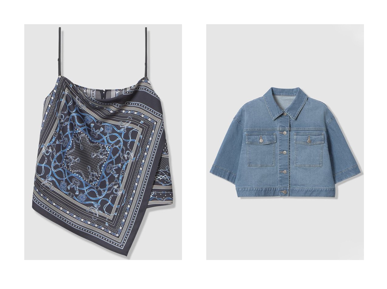 【オリジナルスカーフプリントが映えるキャミソールと軽やかなデニムジャケット　レイヤードで広がる上品カジュアル】ANAYI(アナイ)の通販
 おすすめ人気トレンドファッション通販アイテム インテリア・キッズ・メンズ・レディースファッション・服の通販 founy(ファニー) 　ファッション　Fashion　レディースファッション　Fashion for Women　トップス・カットソー　Cut & Sew Tops　キャミソール&ノースリーブ　Camisoles & Sleeveless Tops　シャツ・ブラウス・オフィスカジュアル　Elegant Blouses & Button-Ups　アウター　Coat / Outerwear Collection　レディースジャケット・軽アウター　Jackets　2026年　2026　おすすめ　Recommended / Our Picks　アシンメトリー　Asymmetrical Style　カットソー　Cut and Sewn Top　キャミソール　Camisole, Spaghetti Strap Top　スカーフ　Scarf, Neckwear　セットアップ　Set-Up, Coordinated Outfit　チェーン　Chain, Chain Strap　トレンド　Trend, Trending Now　ドット　Polka Dot, Dot Pattern　ノースリーブ　Sleeveless, No-Sleeve　プリント　Print, Printed Pattern　モチーフ　Motif, Design Theme　夏　Summer　春　Spring　S/S・春夏　SS, Spring/Summer, Warm Season　ホワイト系　White　ベージュ系　Beige　ブルー系　Blue　|ID:crp329100000226628