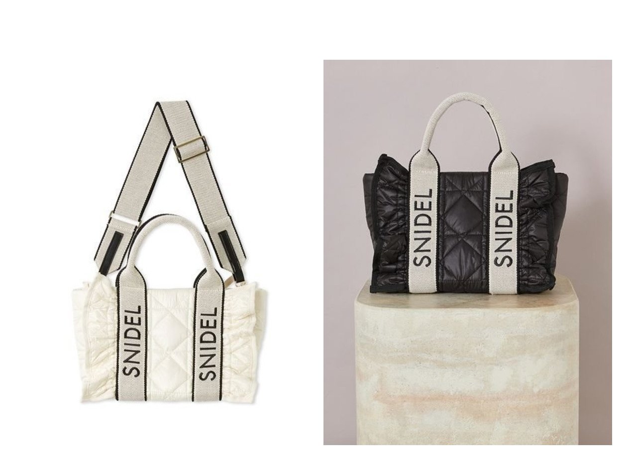 【フリルとキルティングが引き立つロゴバッグ ナイロン素材の軽やかさと収納力を備えたデイリーに馴染むデザイン】SNIDEL(スナイデル)の通販
 おすすめ人気トレンドファッション通販アイテム インテリア・キッズ・メンズ・レディースファッション・服の通販 founy(ファニー) 　ファッション　Fashion　レディースファッション　Fashion for Women　バッグ　Bags　キルティング　Quilted, Quilting　軽量　Lightweight, Ultra Light　シンプル　Simple, Minimal　スポーティ　Sporty, Casual Athletic　スマート　Smart, Elegant　ツイード　Twill, Twill Weave　定番　Standard, Basic Item　手帳　Planner, Notebook　人気　Popular, Best Seller　ポケット　Pocket, Pocket Detail　ポーチ　Pouch, Small Case　ラップ　Wrap, Wrap Design　おすすめ　Recommended / Our Picks　|ID:crp329100000226661