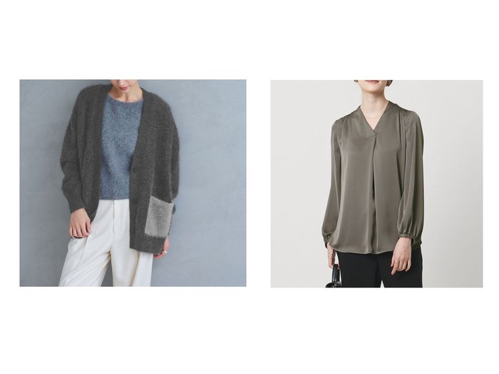 【フォックスカシミヤのミドル丈カーディガンとバックサテンVネックブラウス 素材の美しさと上品な表情を楽しむ洗練されたトップス】UNITED ARROWS(ユナイテッドアローズ)の通販
 おすすめ人気トレンドファッション通販アイテム 人気、トレンドファッション・服の通販 founy(ファニー) ファッション Fashion レディースファッション Fashion for Women トップス・カットソー Cut & Sew Tops カーディガン・羽織り Layered Style Cardigans シャツ・ブラウス・オフィスカジュアル Elegant Blouses & Button-Ups Vネックトップス V-Neck Tops / V-Cut Neckline Shirts バッグ Bags インナー Innerwear カーディガン Cardigan, Knitwear 軽量 Lightweight, Ultra Light スパンコール Sequins, Sequin Embellishment フォックス Fox, Fox Fur ポケット Pocket, Pocket Detail ミドル Middle Length, Mid Height おすすめ Recommended / Our Picks ウォッシャブル Machine Washable サテン Satin, Glossy Fabric ジャケット Jacket, Outerwear スリーブ Sleeve, Long Sleeve / Short Sleeve とろみ Fluid, Flowy Fabric フロント Front, Front Design ロング Long, Long-Length エレガント 上品 Elegant |ID:crp329100000226664